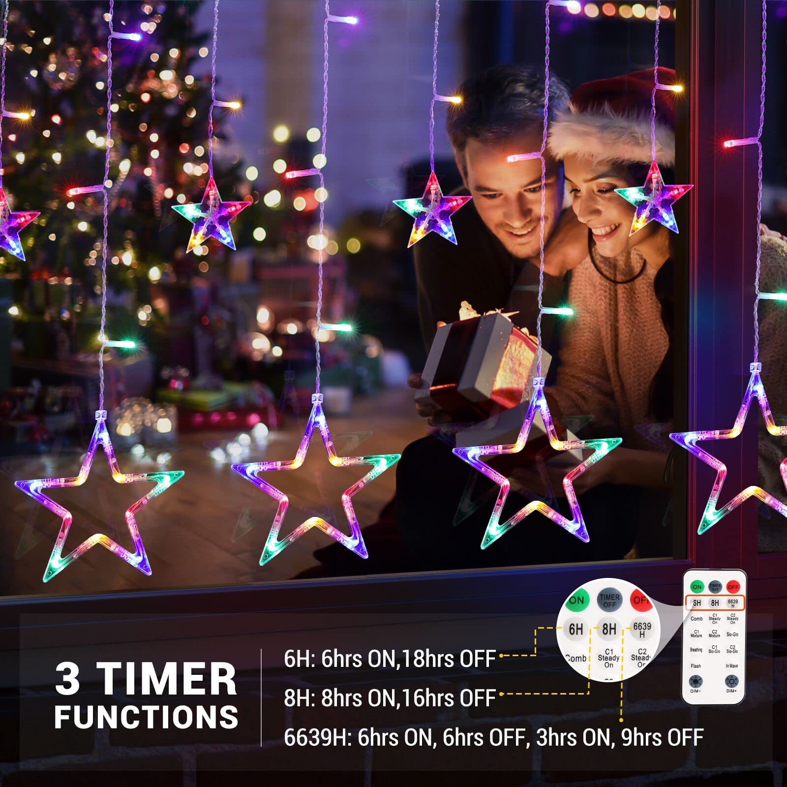Quntis Remote 12 Star Christmas Curtain Lights, 11 Modes 138 Led Connectable Window Christmas Decoration Lights Hanging Backdrop Dimmable For Indoor Bedroom Wedding Party Wall, Multicolor & Warm White