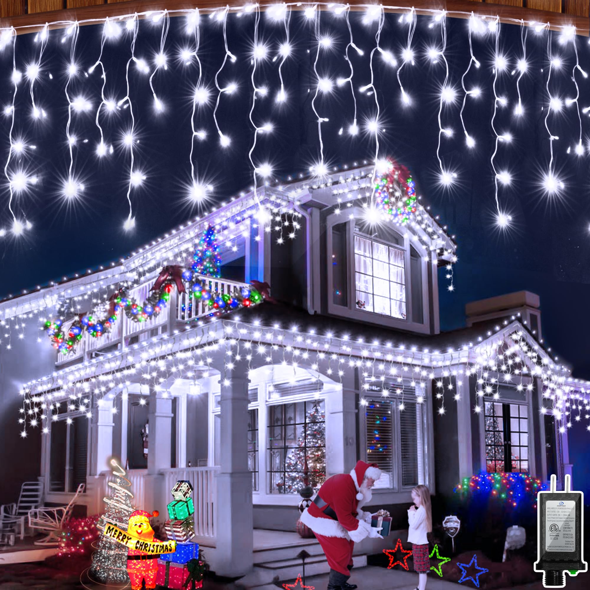 WUXYIYANG 1296 LED Outdoor Christmas Lights, 288 Drops, 131FT, Cool White, Waterproof, 8 Modes & Timer, Model WX-1296L