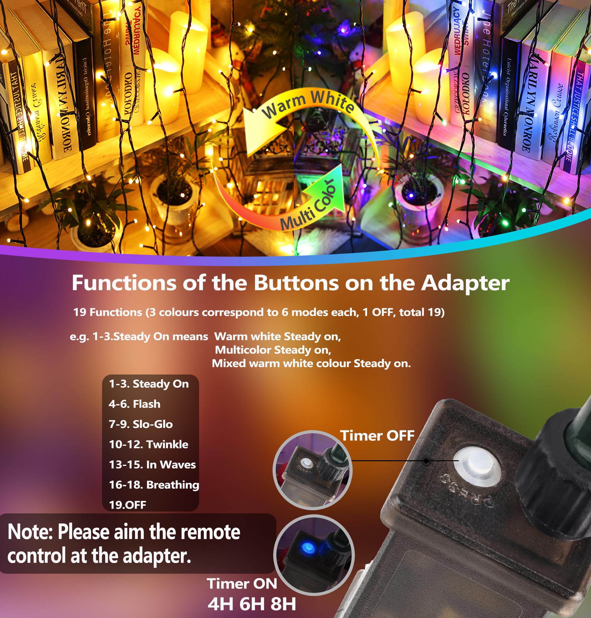 Joomer 164FT Color Changing Christmas Lights, 500 LED, Waterproof, Remote Timer, Dimmable, Warm White to Multicolor, Model GP-SW290DC0209-IP44