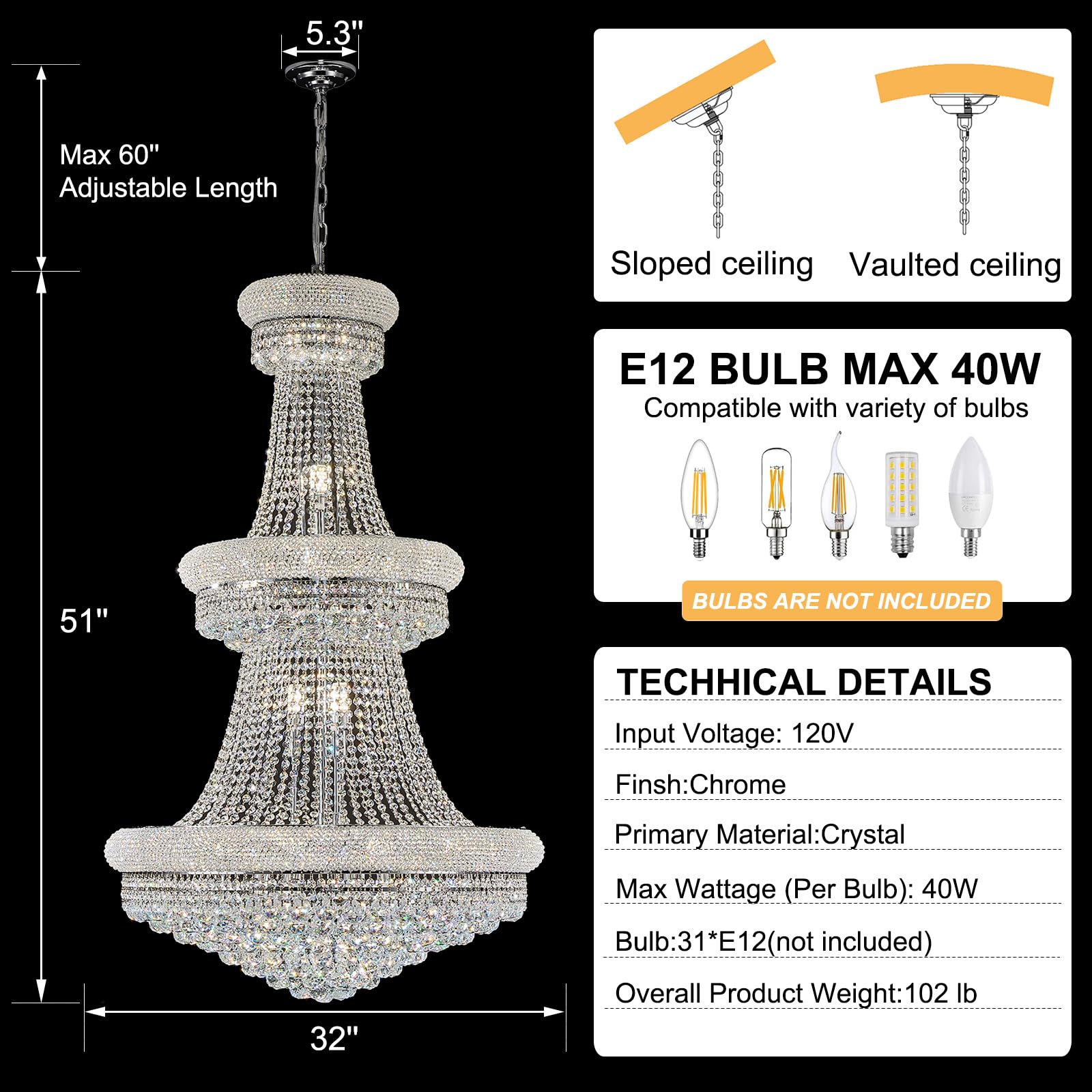 Homeooze 31 - Light Large Empire Crystal Chandelier For High Ceiling Foyer Entryway Staircase Living Room Dining Room Chrome Fin
