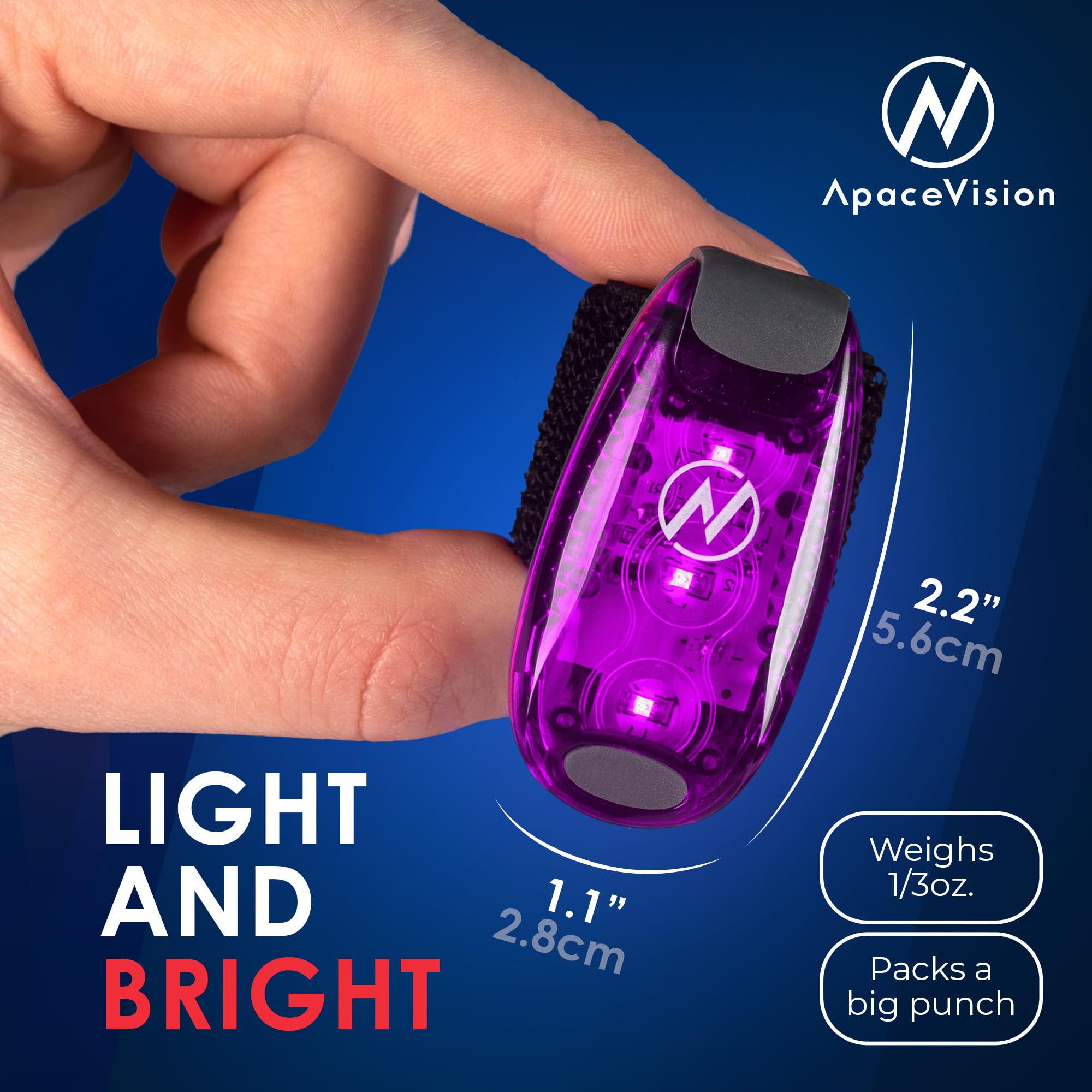 Apace Vision LED Safety Light - Clip On Strobe Running Lights, Purple, Model AVSL1000, High Visibility for Runners, Dogs, Bikes, and More