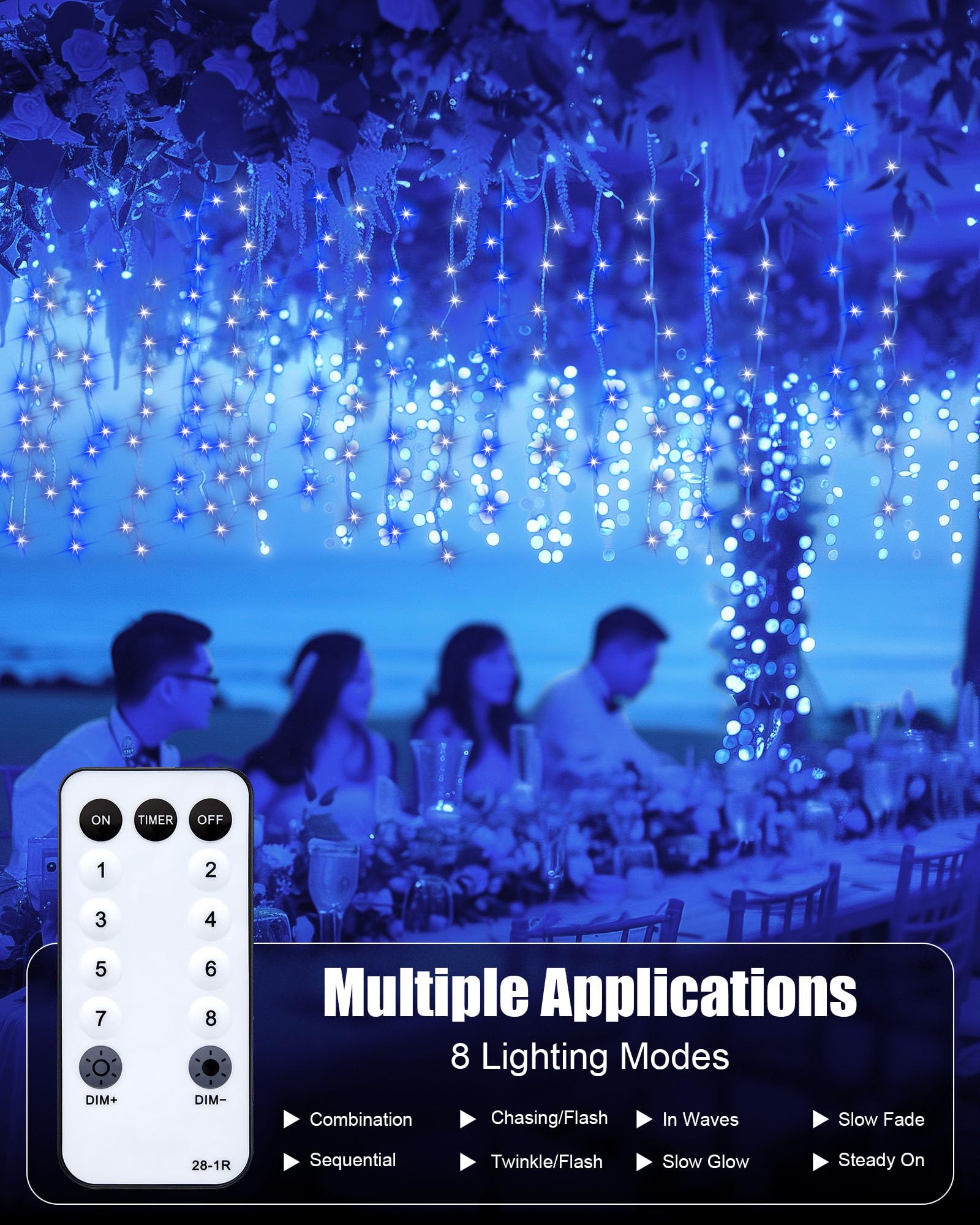 Brightown Icicle Lights - 66 FT, 736 LED, 8 Modes, Waterproof, Blue & White, Remote Timer, Christmas Decor