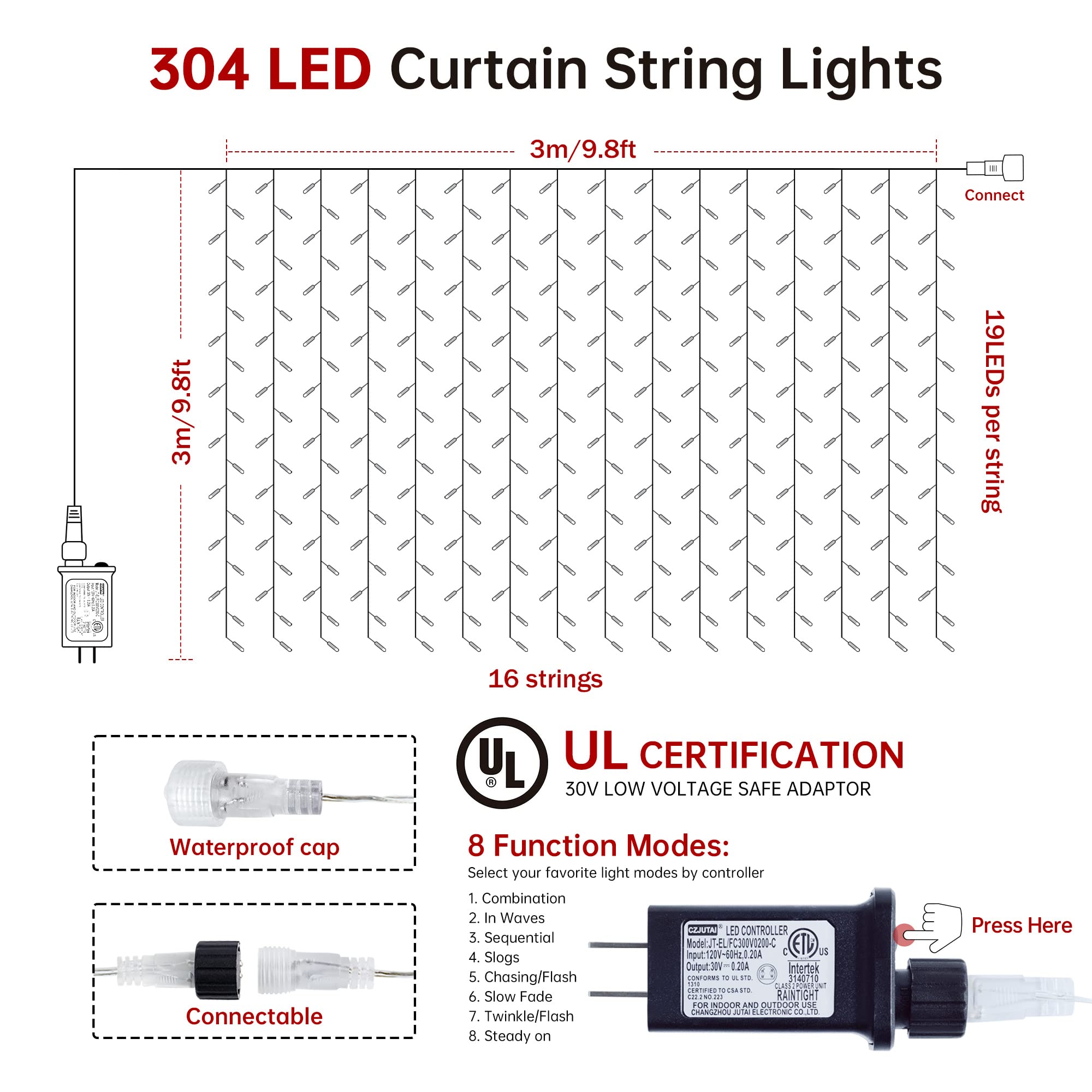 HEYFUNi Fairy Curtain Lights, 304 LED, 9.8ft x 9.8ft, Cool White, Model QX-U-O-C-304-W-C, 8 Modes,
