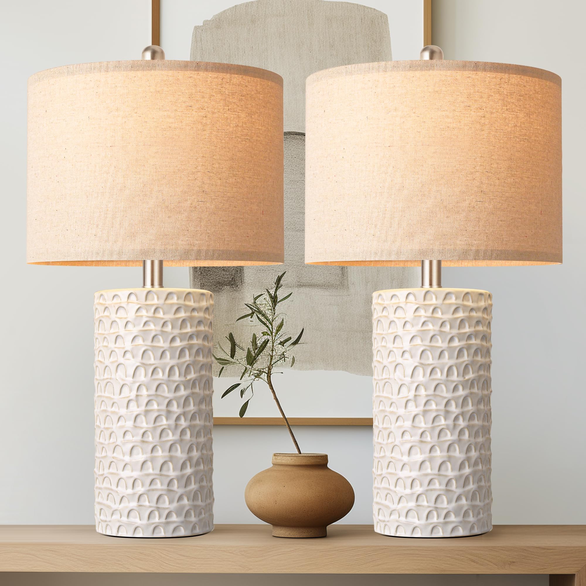 PARTPHONER Modern Ceramic Table Lamp Set of 2, Beige and White, Rustic Farmhouse Design for Living Room and Bedroom, Model STR-DL-0005