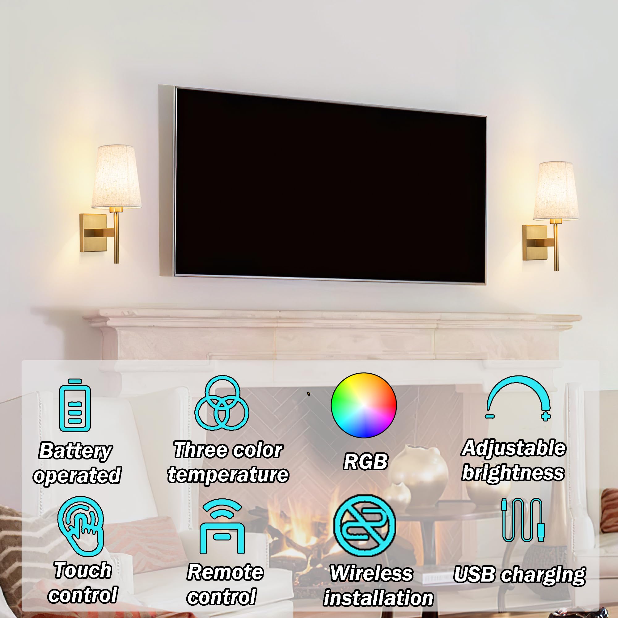 YHCDLAMP Battery Operated Wall Sconces Set of Two, RGB Color Changing, Dimmable, Brass, Easy to Install, One Size