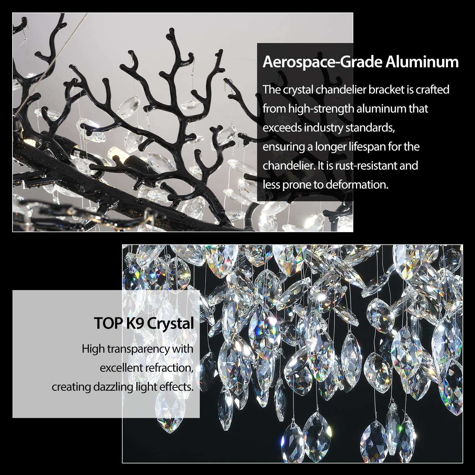 Kvtinmty Modern Black Rectangle Crystal Tree Branch Chandelier, 55'' 16-Light K9 Crystal Chandeliers For Dining Room, Rectangula
