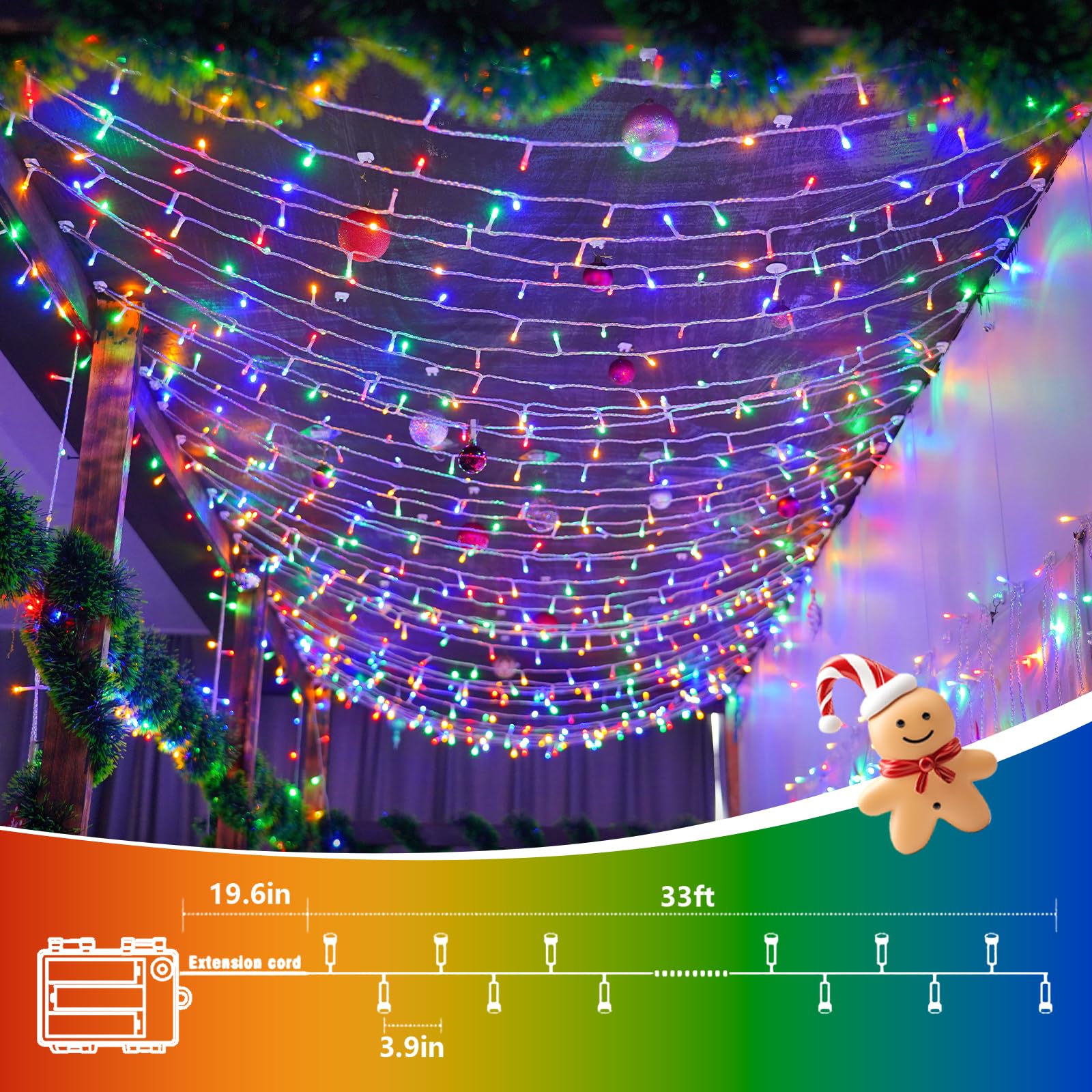QITONG Battery Operated Christmas Lights, 2 Pack 33ft 100 LED Multicolor Waterproof with Remote, Copper Material