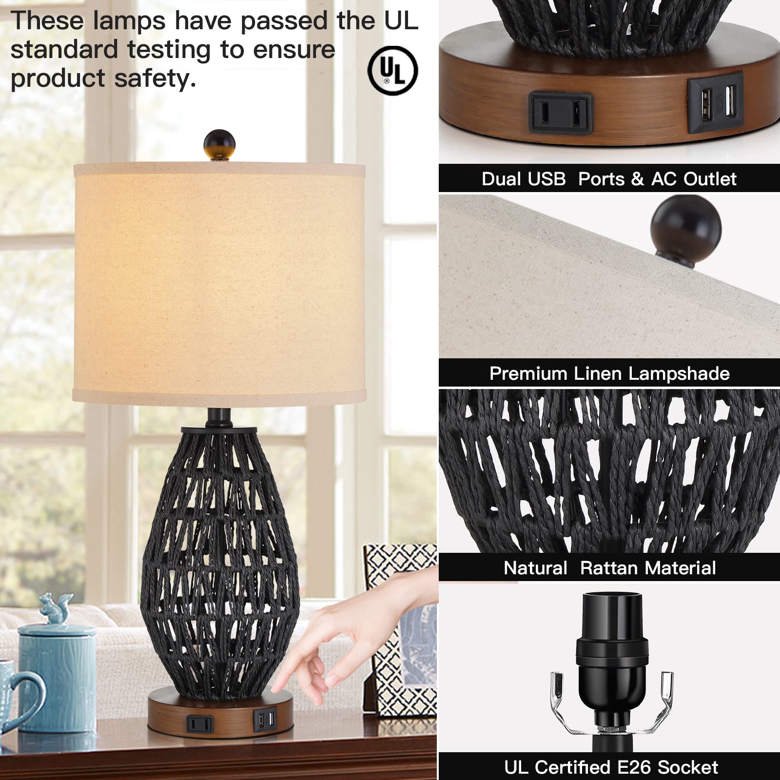 Cinsary Touch Control Rattan Table Lamps, 3 Way Dimmable Bedside Lamps For Bedroom Set Of 2 With 2 Usb Ports And Ac Outlet, Black Wicker Nightstand Lamps For Living Room (Led Bulbs Included)