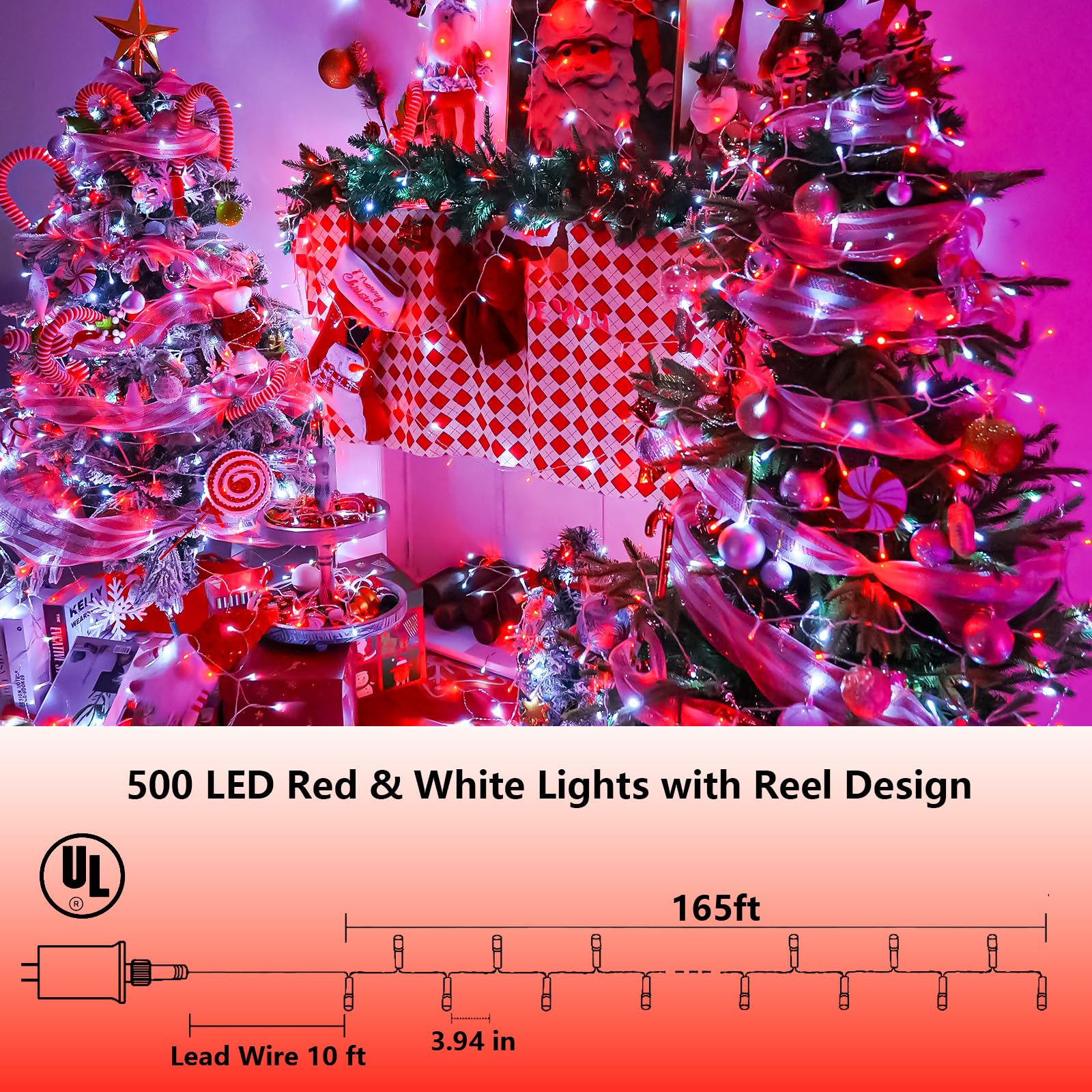 Yeguo 165Ft 500 Led Red And White Christmas Lights Outdoor Waterproof  Clear Wire String Lights Indoor Plug In  8 Modes Clear Wire Twinkle Tree Light For Xmas Party Garden