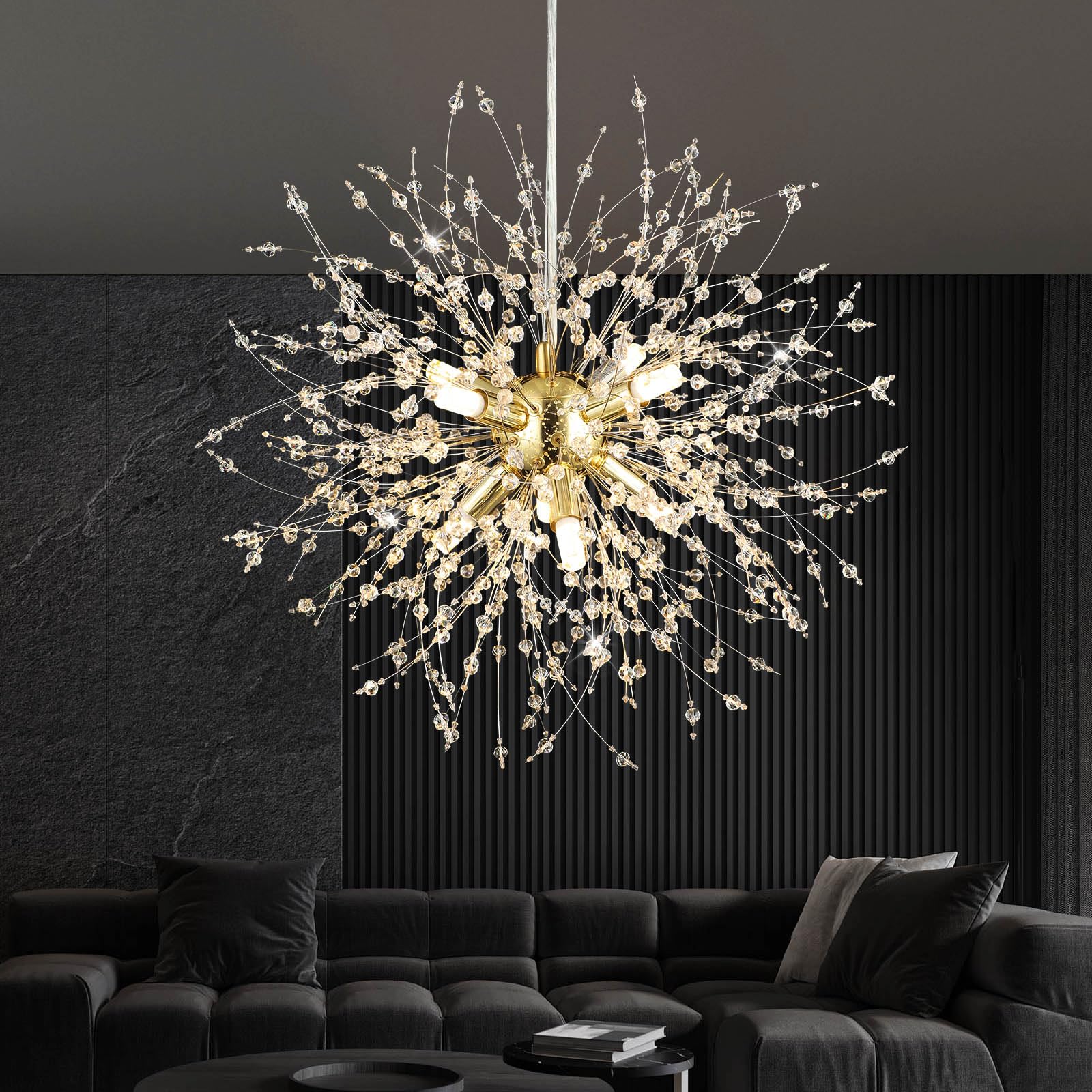 foucasal Crystal Pendant Light 8-Light Dandelion Sputnik Chandelier Modern Gold Firework Ceiling Lighting Fixtures for Dining Ro
