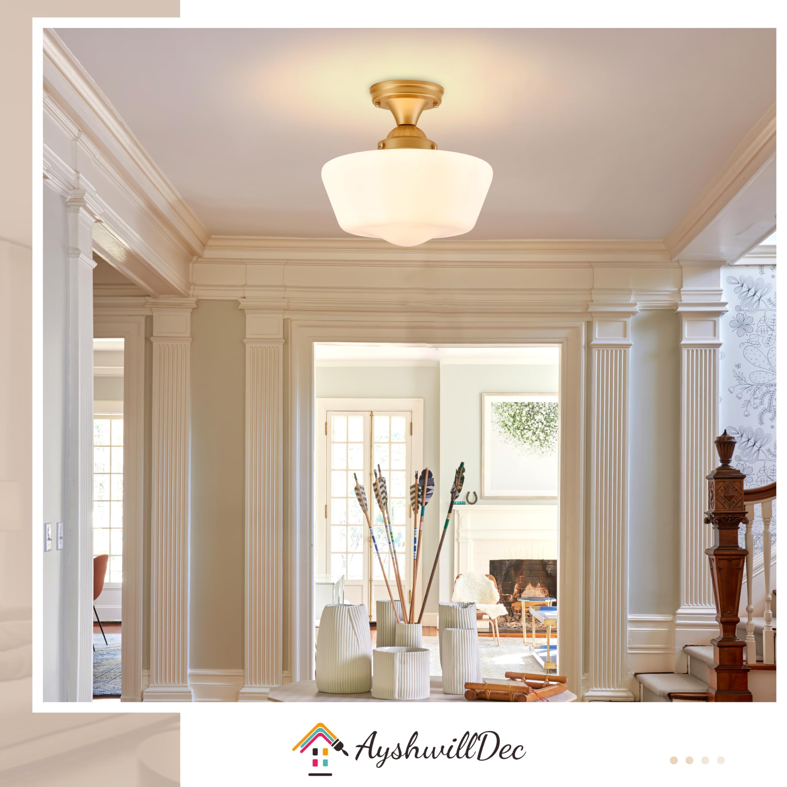 Ayshwilldec Brass Schoolhouse Light Fixture 12'' Mid Century Light Fixture Milk Glass Light Fixture School House Light Fixtures