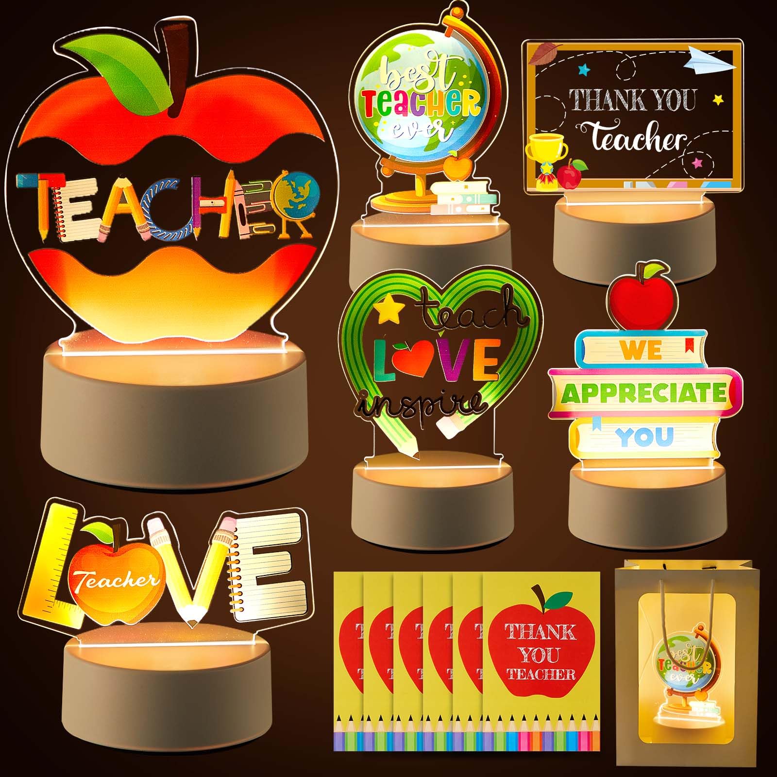 Henoyso 6 Sets Teacher Appreciation Gifts in Bulk Acrylic Night Light LED Engraved Night Lamp Teacher Thank You Gifts for Staff 