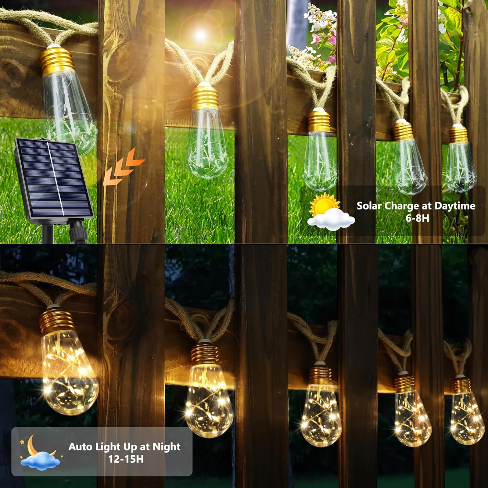 TUODAW Solar String Lights, 26FT Vintage Rope Hemp, 8 Modes, Remote Control, Warm White, Waterproof, Model 20240406