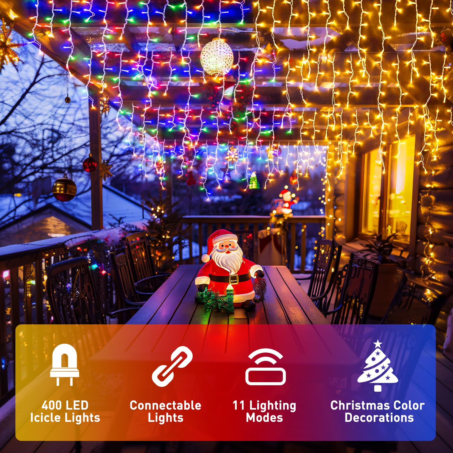 JMEXSUSS Color Changing Christmas Icicle Lights, 400 LED, Waterproof, 11 Modes, Warm White to Multicolor, Model EXS-I-0400-R