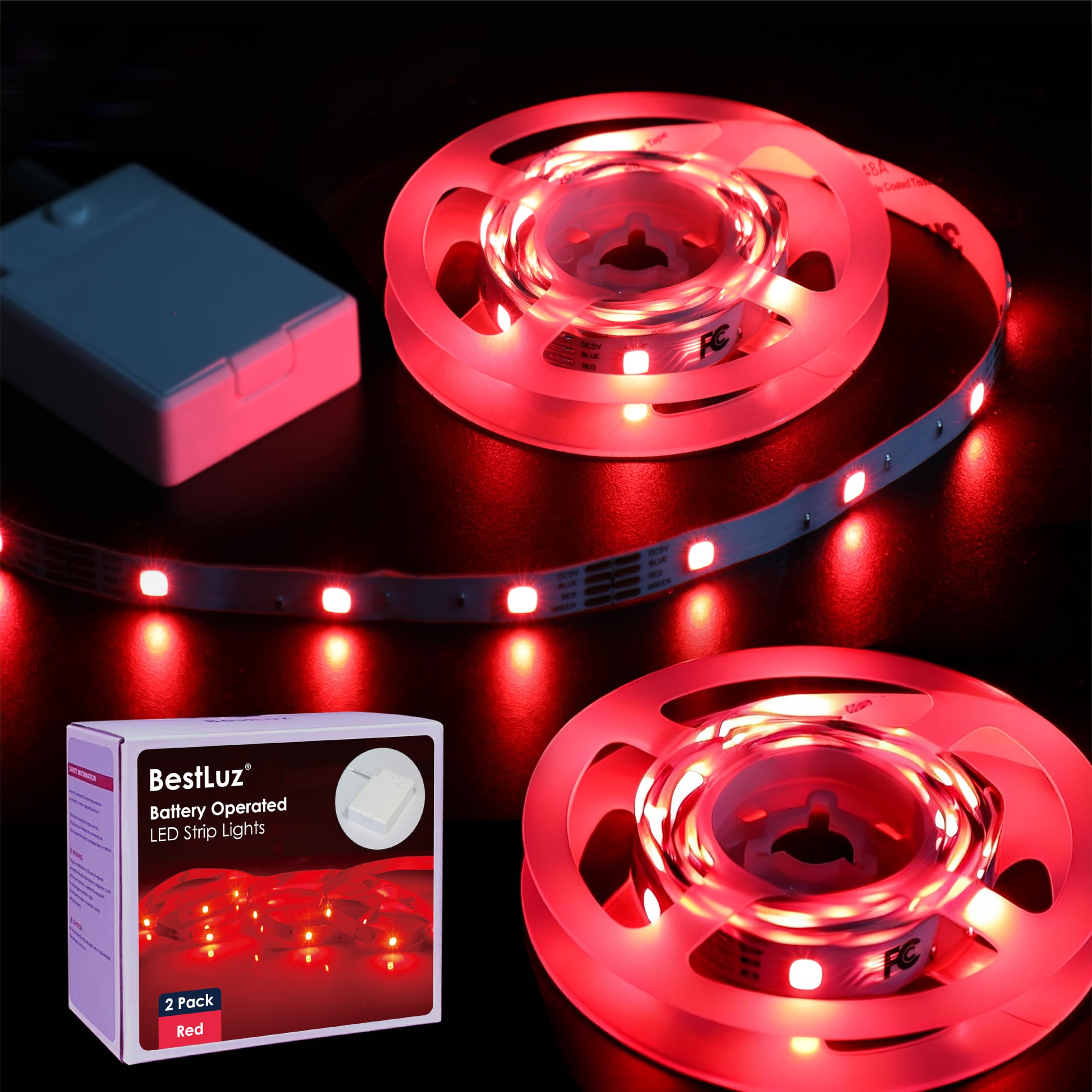 BestLuz LED Band Lights Battery Operated 3.33ft x 2 Pack Flexible LED Light Band Battery Powered Lighting for Bedroom Room Decor Cabinet Shelf TV Backlight Red