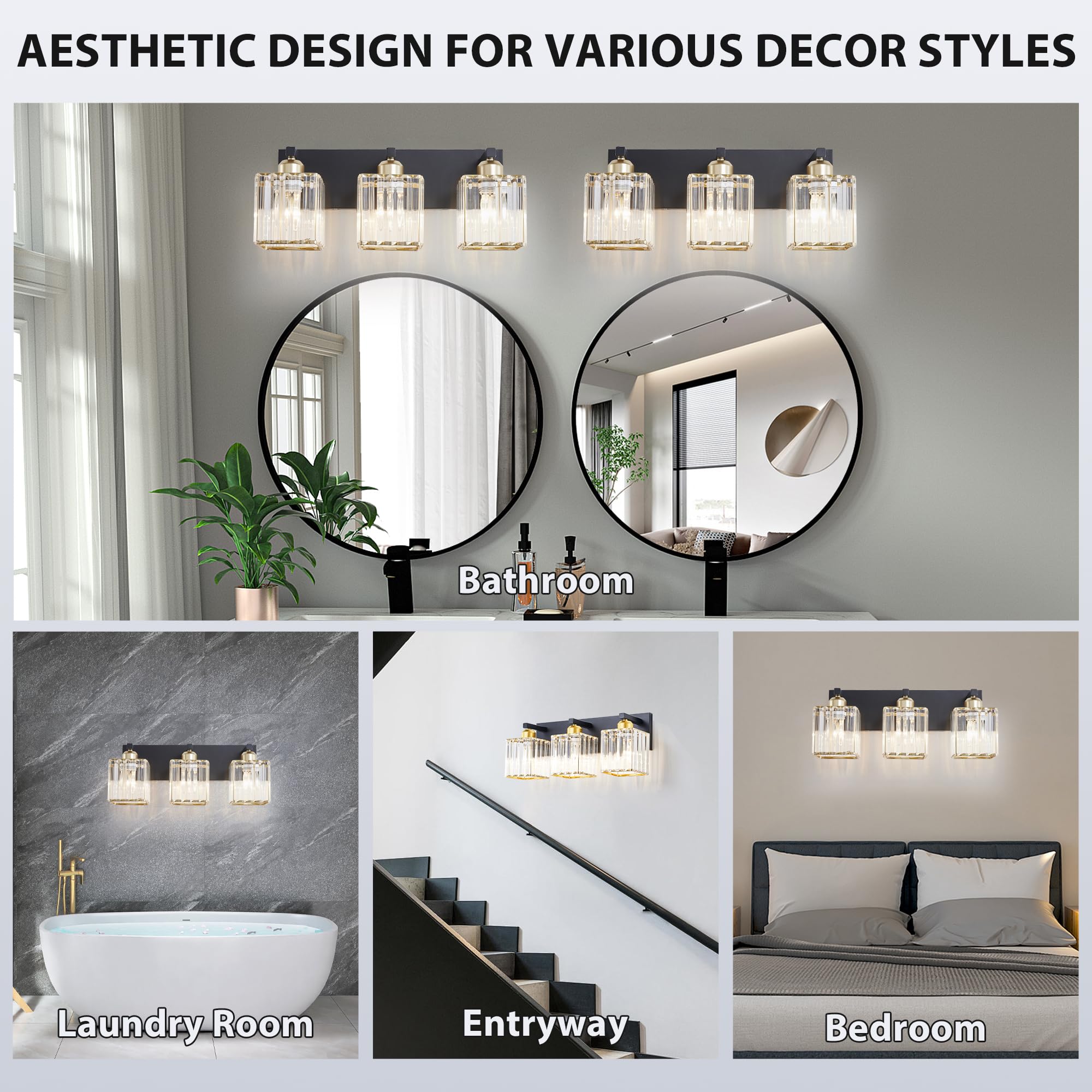 DIAMONDFORGE Bathroom Vanity Light - 3-Light Metal Fixture, Black Gold, Modern Design for Mirror, Bath, Desk, Hallway - Model WSCSSBGZL1-1