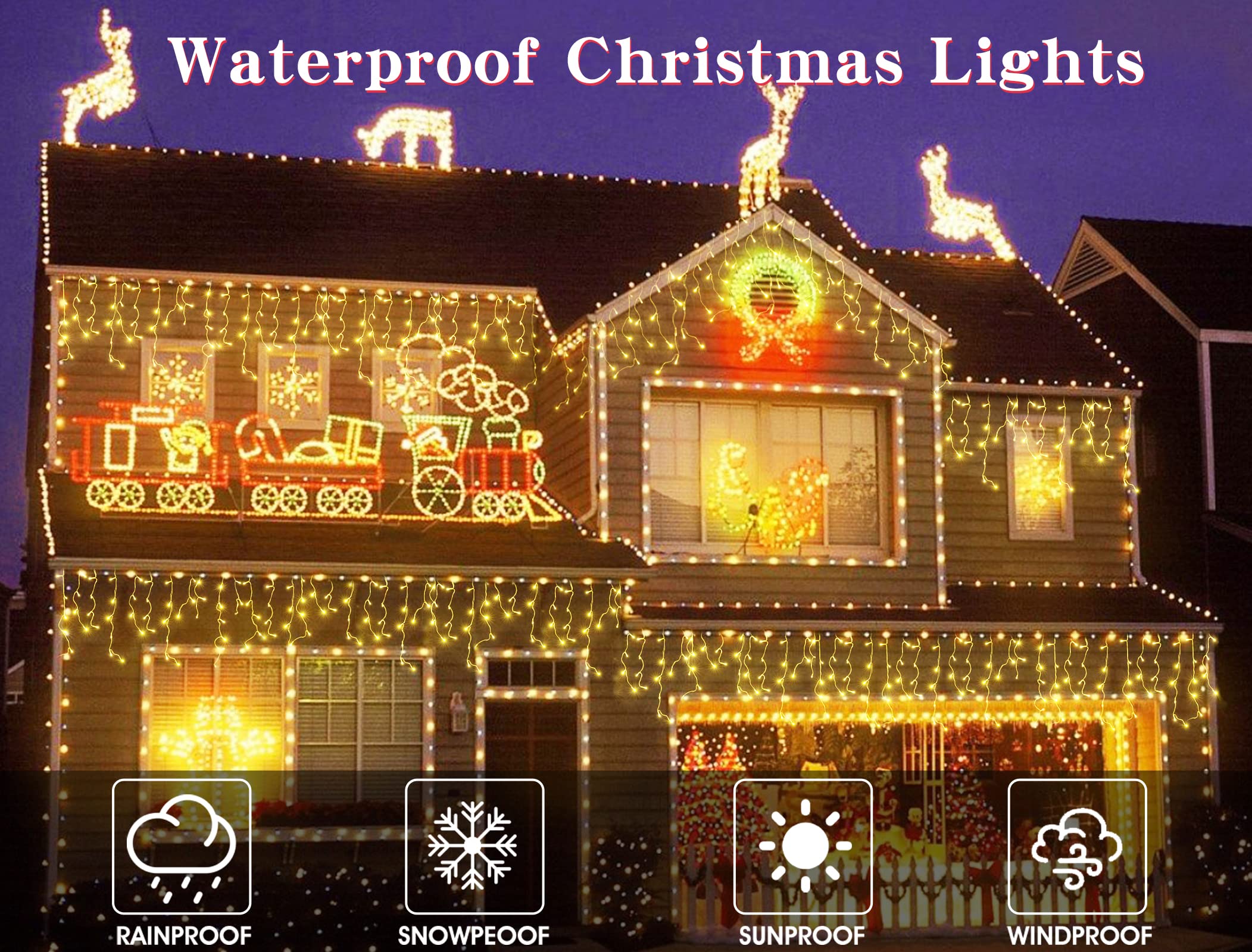 Christmas Icicle Lights Outdoor Decorations 640 Led 65.6 Ft Icicle String Lights With 120 Drops, 8 Modes Curtain Fairy Icicle Lights For Christmas Wedding Party Eaves Patio Yard (Warm White)