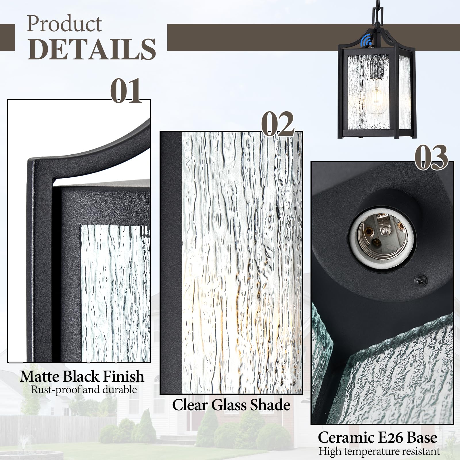 Osimir Outdoor Pendant Light - Modern Black Chandelier with Dusk to Dawn Sensor, Raindrop Glass, Adjustable Chain, Model OS-KY1003