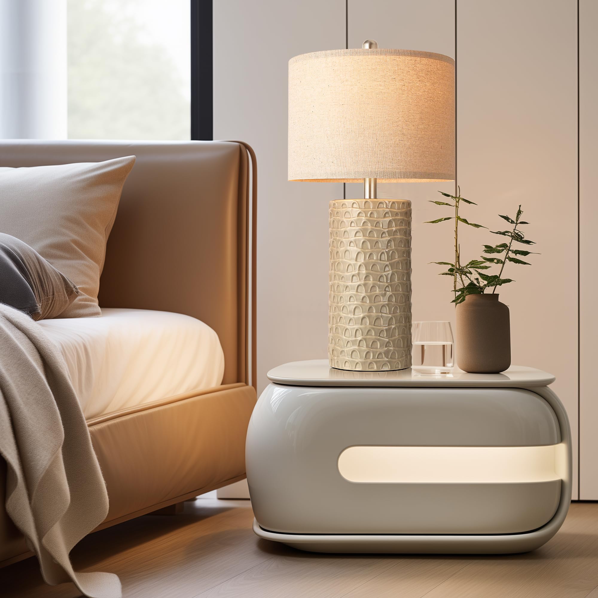 PARTPHONER Ceramic Table Lamp Set of 2, Rustic Beige, Model STR-DL-0005, Ideal for Living Room and Bedroom Decor