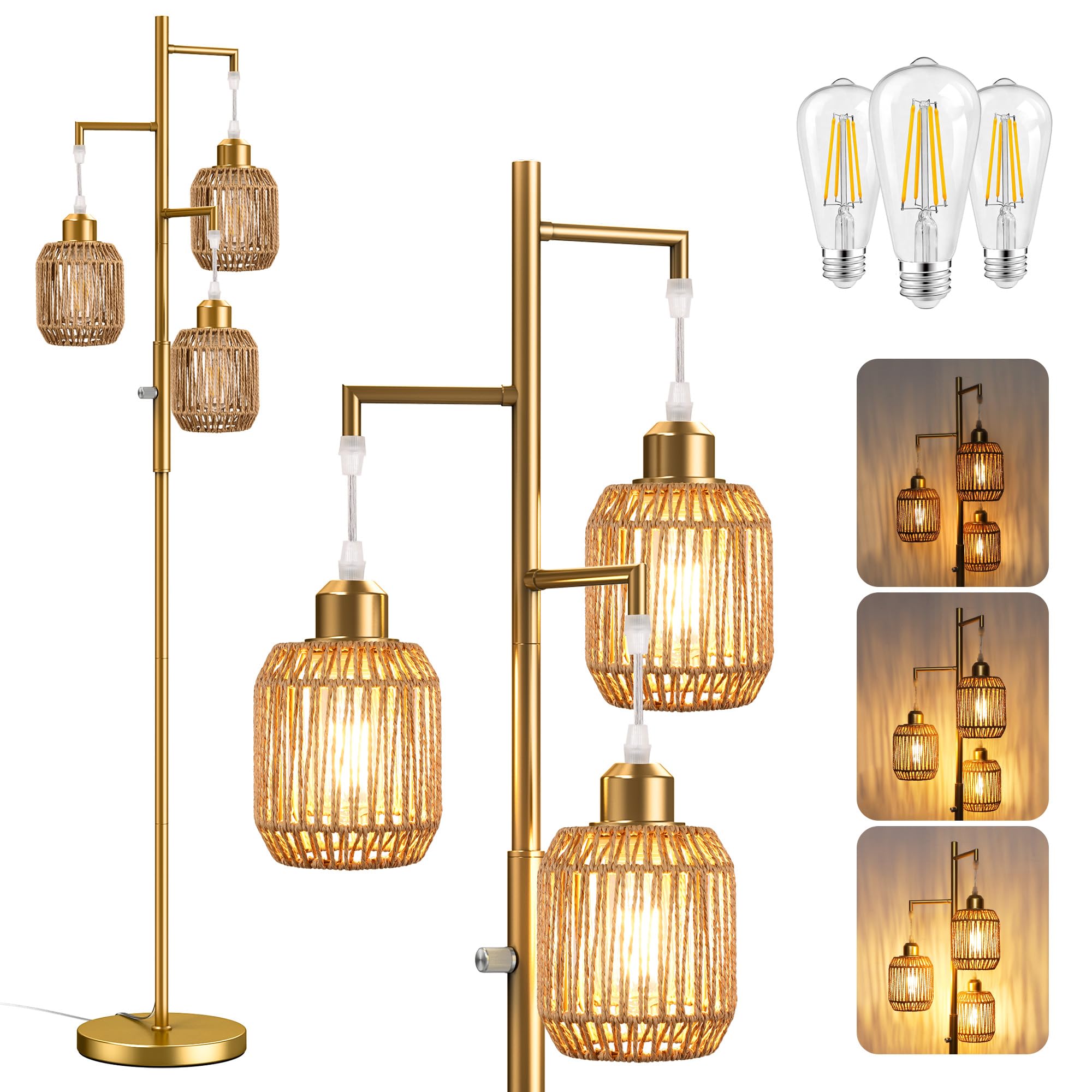 ROTTOGOON Dimmable Floor Lamp - 3 Light Rattan Lamp, 68in, Gold/Brown, Metal, Model ROFP125AJ1