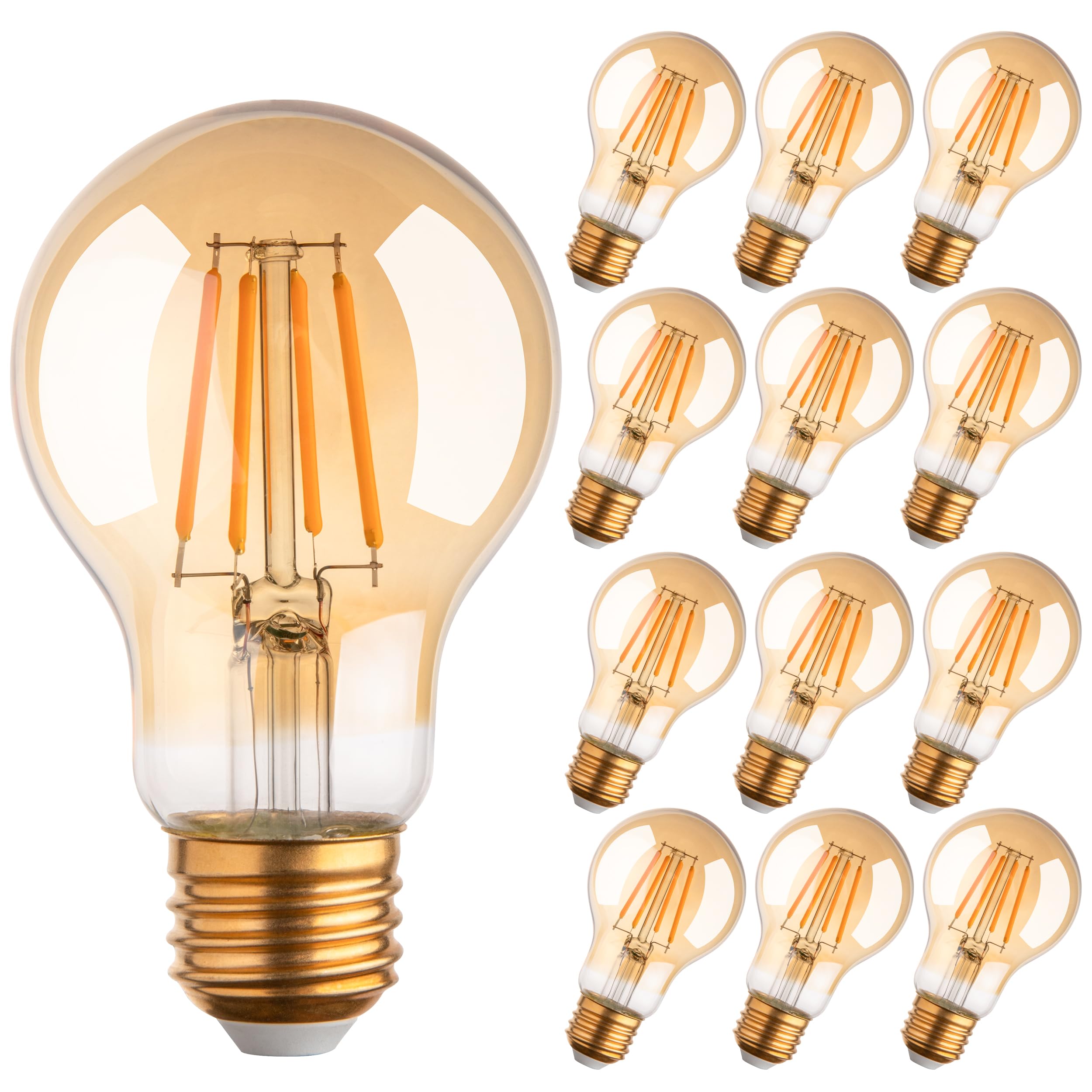 12Pack 2200k Led Light Bulb  Vintage A19 Edison Bulbs  Dimmable Amber Warm Yellow Light Bulb  Soft Yellow Led Filament Amber Light Bulbs  Old Style Light Bulbs  40W Equivalent  4 Watt  E26 Base