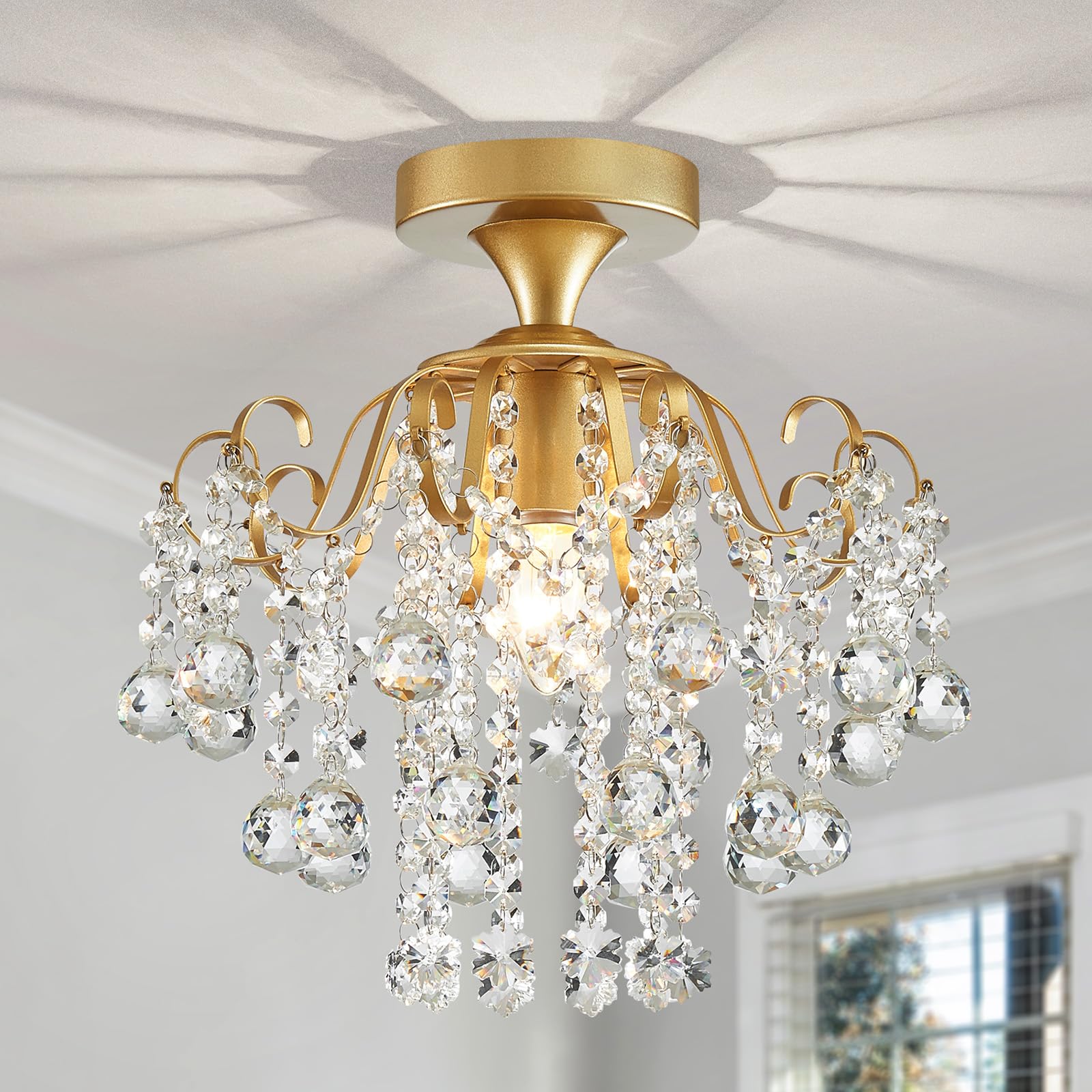 Wuzups Crystal Chandelier Flushmount Ceiling Light Modern Lighting Fixture For Bedroom Hallway Bar Kitchen Bathroom  H 13.4 X W 12.6  E26 Base  Gold