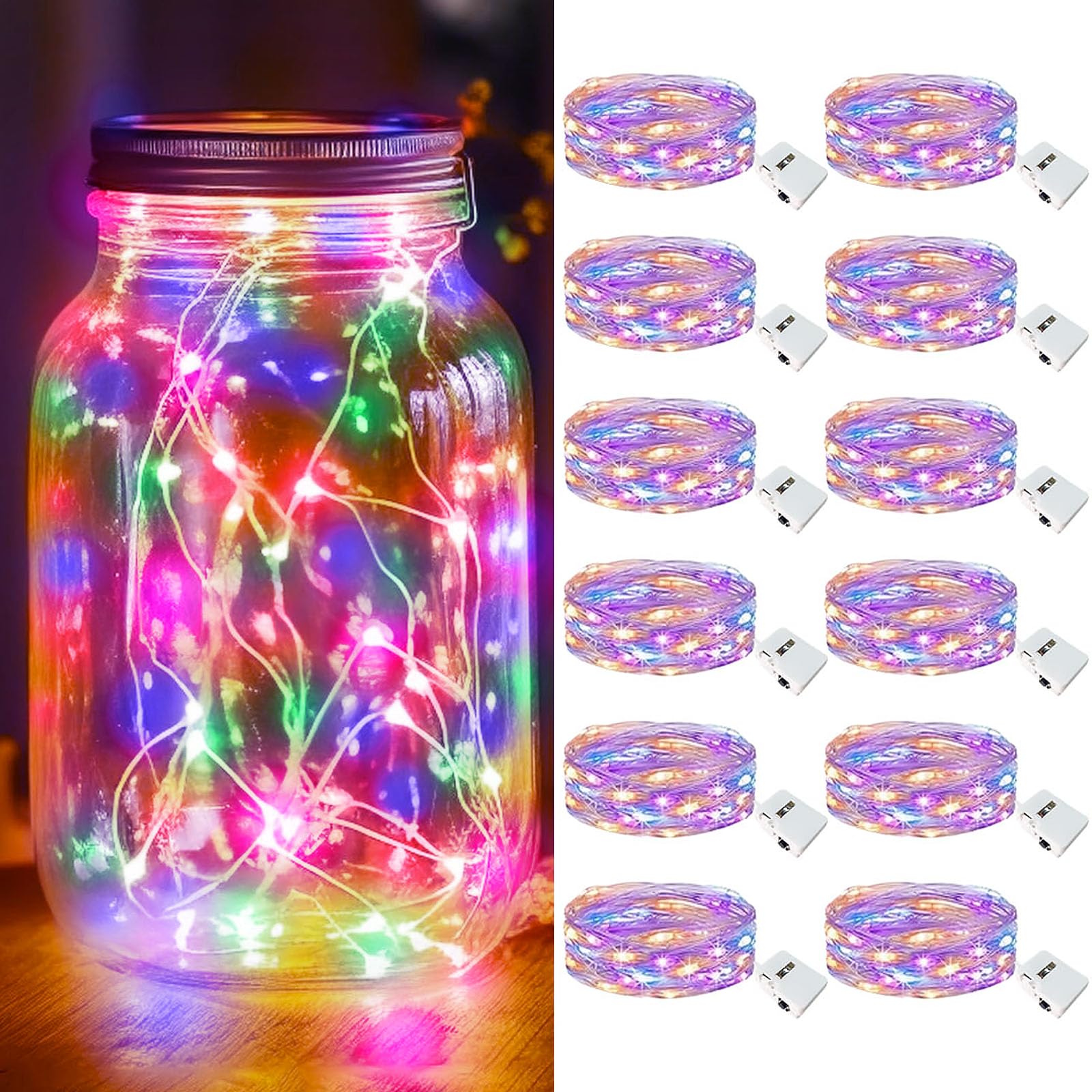 kolpop LED Fairy Lights, 12 Pack, Battery Operated, Waterproof Twinkle String Lights, Multicolor for Christmas and Parties