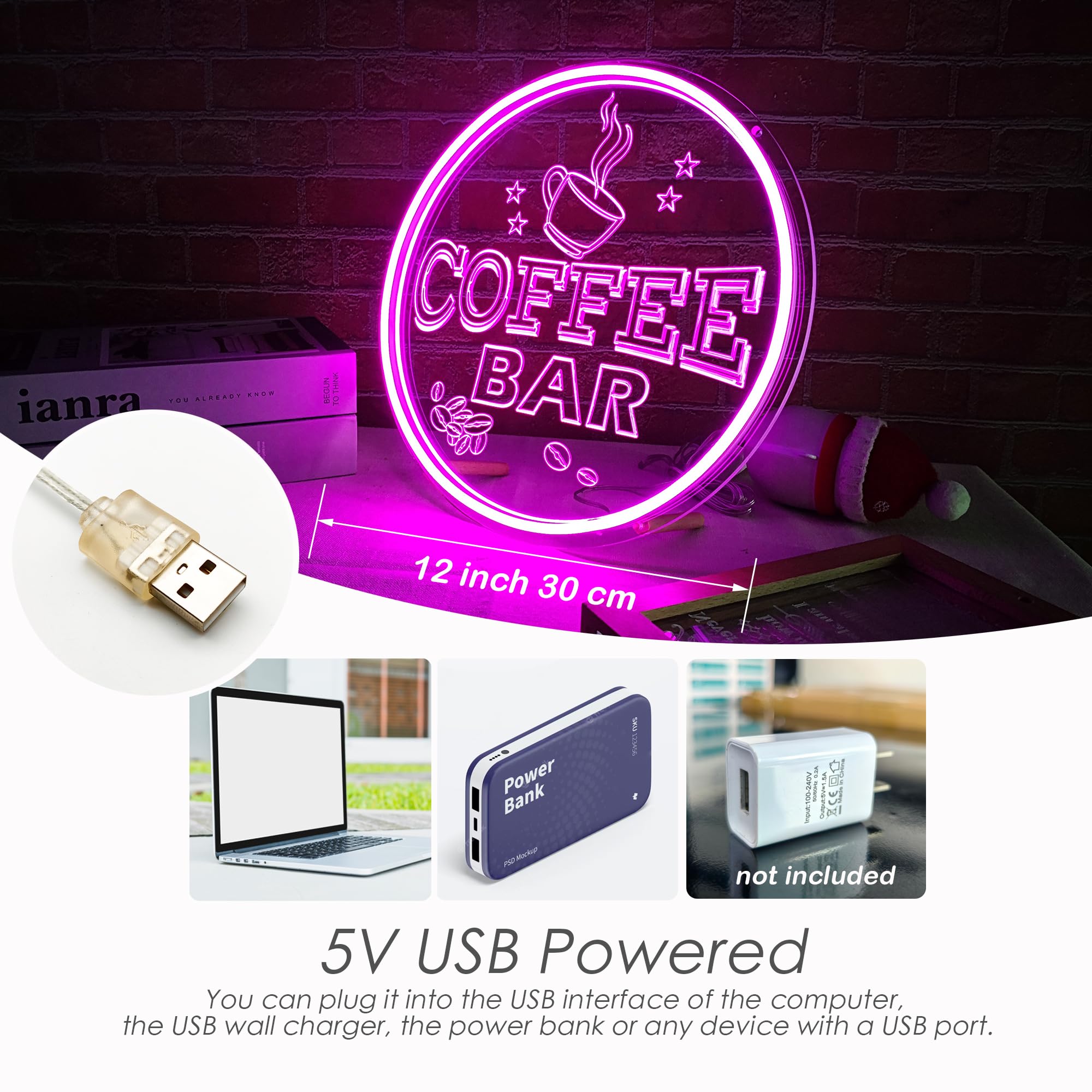 NOXTROND Neon Coffee Bar Sign, Dimmable USB Powered, 12in Round, Pink, Model CB09, Perfect for Cafe and Kitchen Decor