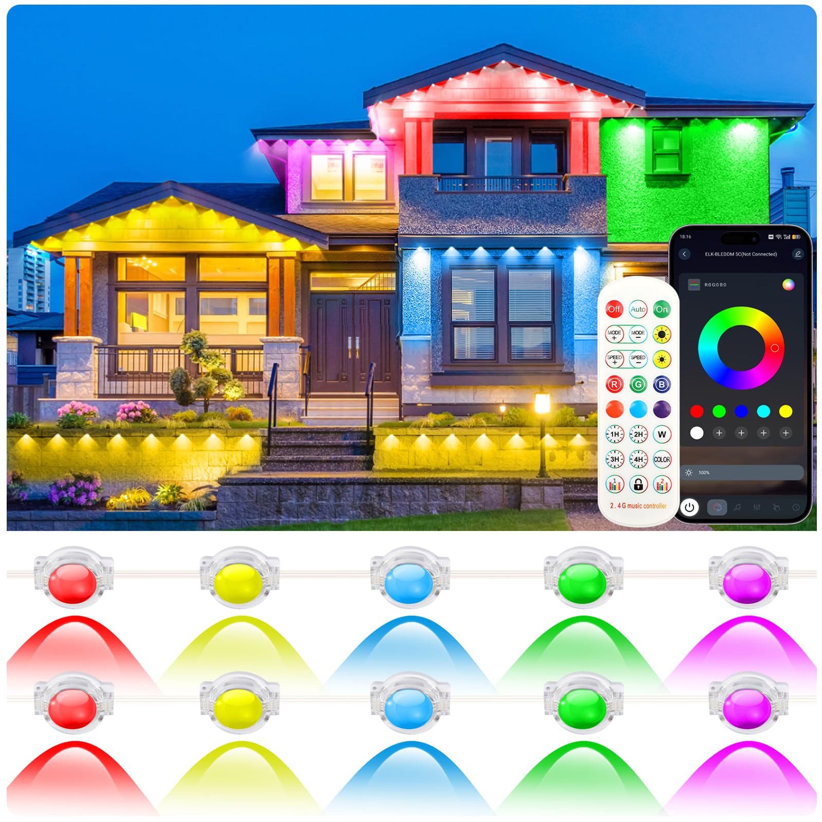 Permanent Outdoor Lights for House, 300FT RGB LED Eave Lights with APP/Remote Control, Music Sync & DIY Scenes, IP67 Waterproof 