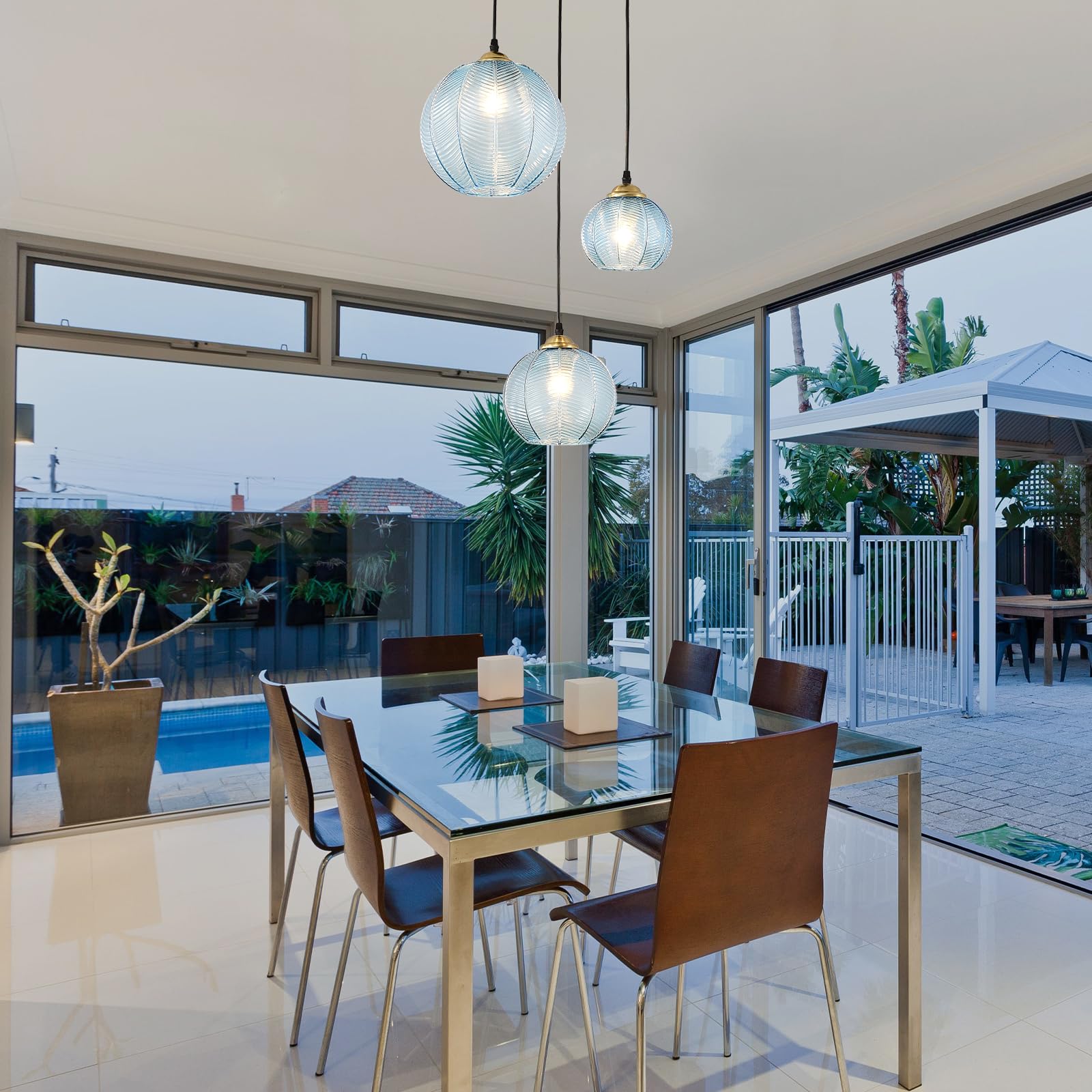 Testoys 3-Light Blue Glass Pendant Light, Globe Shade Hanging Chandelier, Hand Blown Glass Ball Pendant Light Fixtures For Kitch