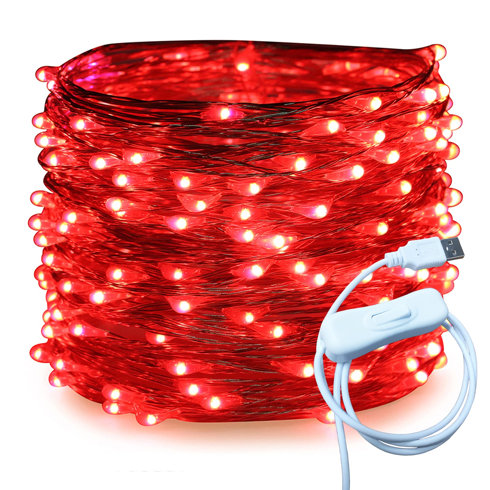 RUICHEN Fairy String Lights 200 LED USB Copper Wire 66 Ft Red UY-20M200L