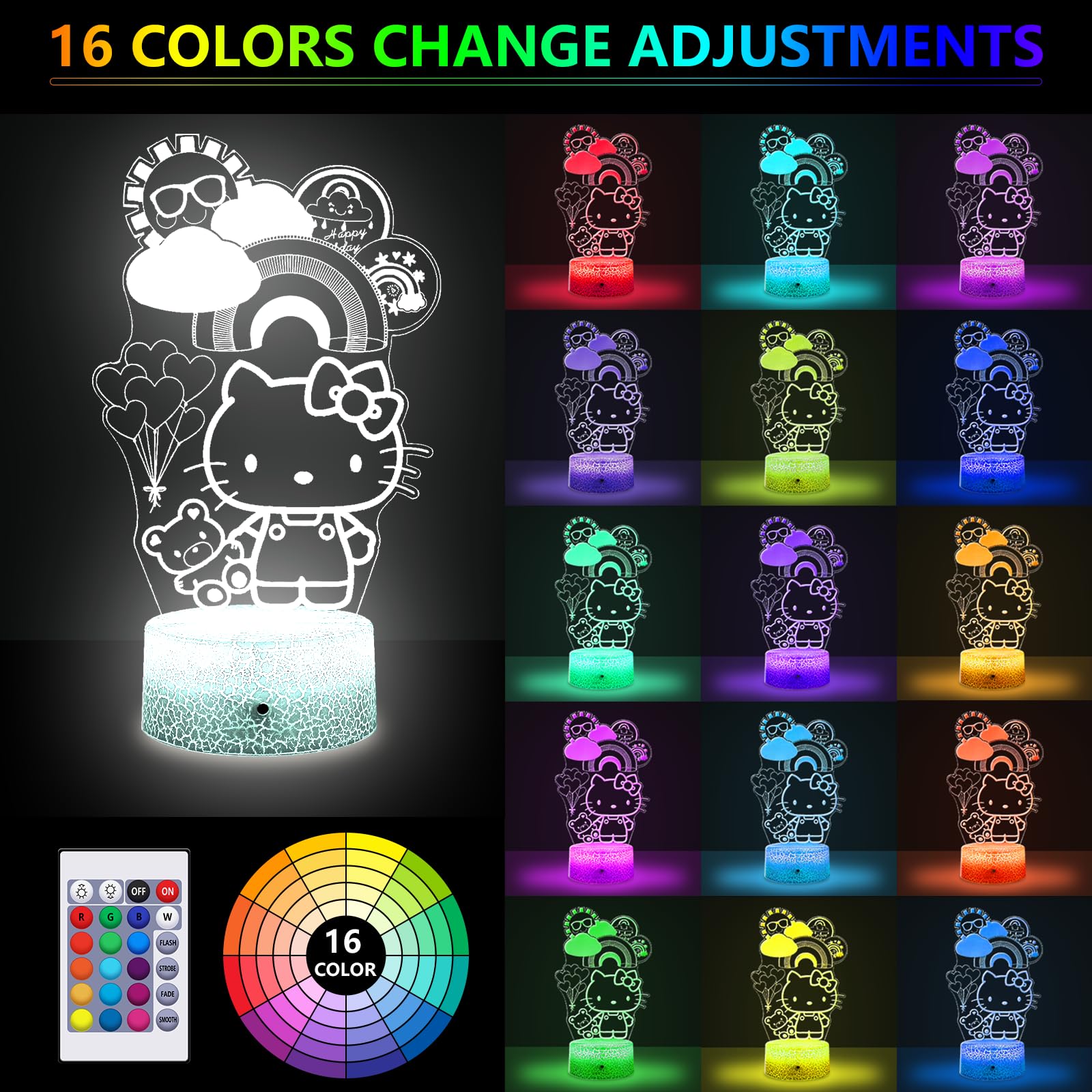 Cobiku Kitty Night Light For Kids, Kitty Lamp Girl Cute Led Cat Night Light 16 Colors Dimmable Kitty Decor Lamp With Remote & Luminous Base, Bedroom Decoratio Gifts For Christmas Birthday Girls