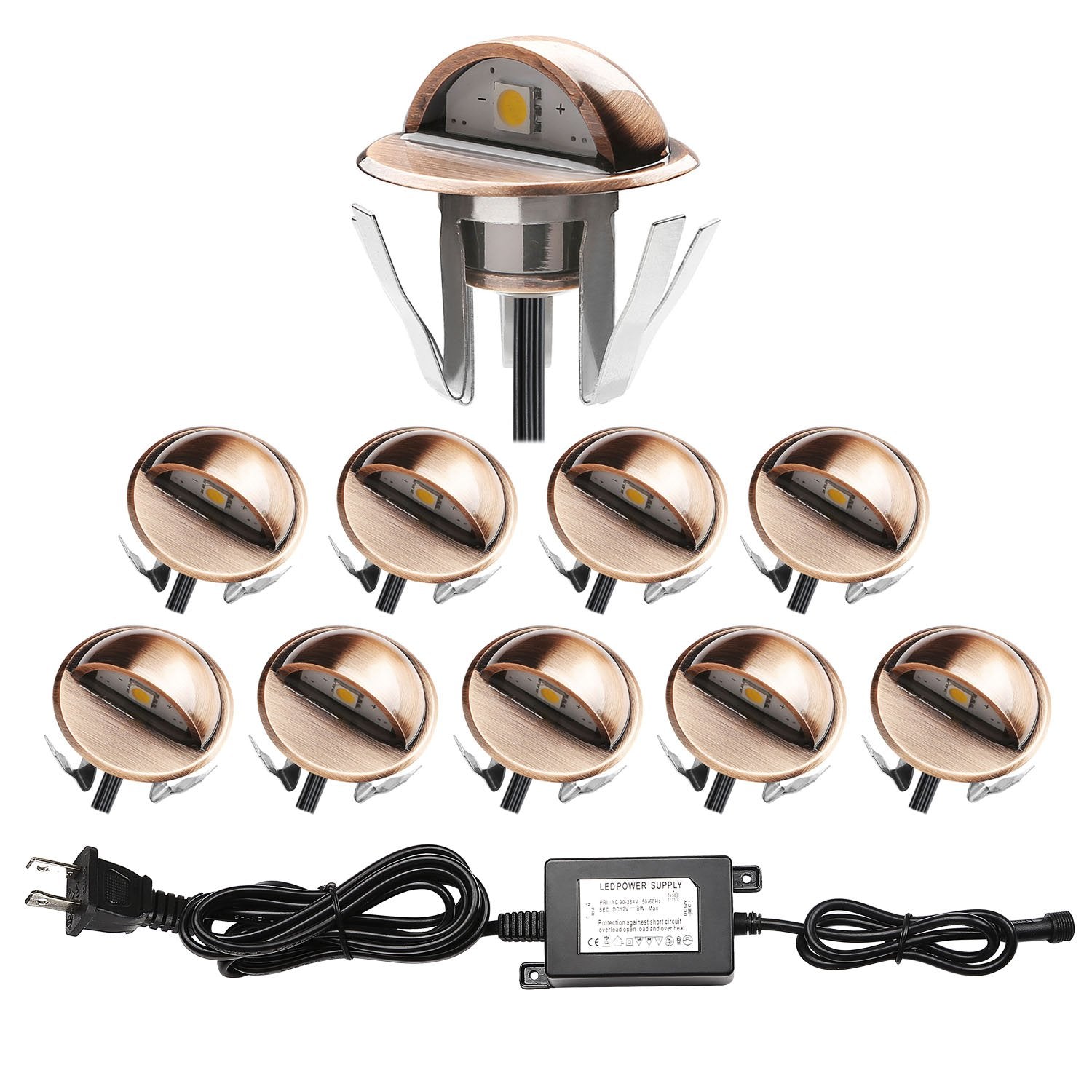 QACA LED Deck Stair Lighting Kit, 10pcs Bronze, Warm White, IP65, Indoor Outdoor Recessed Pathway Decor, Model 10*B106X-SET-WW