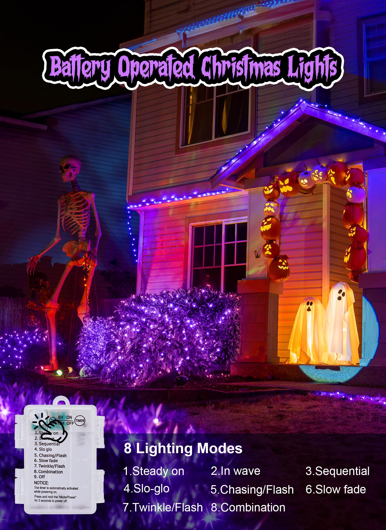 Minetom Fairy Lights, Battery Operated, 100 LED, 33FT, 8 Modes, Waterproof, Purple, 2 Pack