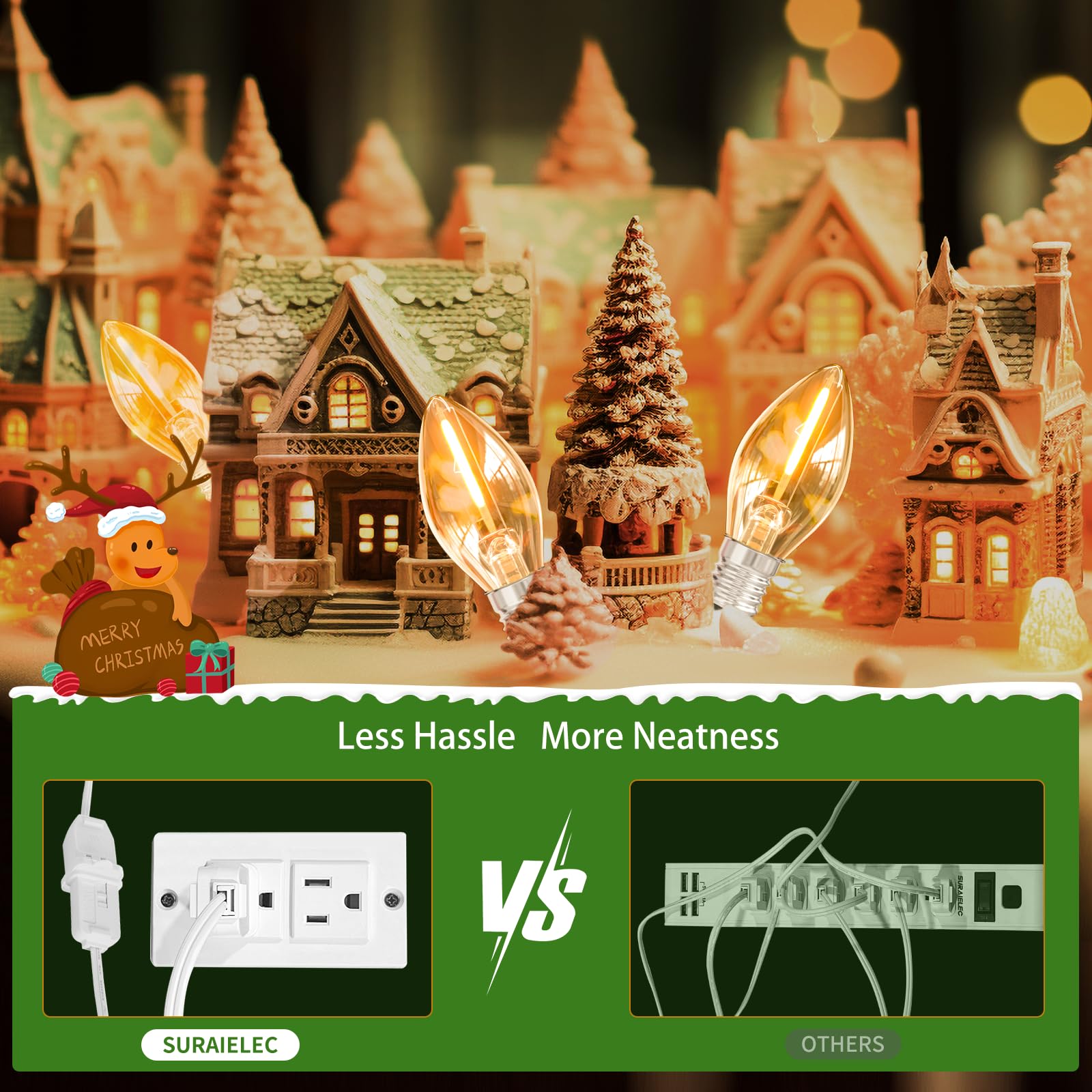SURAIELEC Accessory Cord with 4 LED Light Bulbs, 10.5ft Christmas Village Lights, On Off Switch, Connectable Village House Light