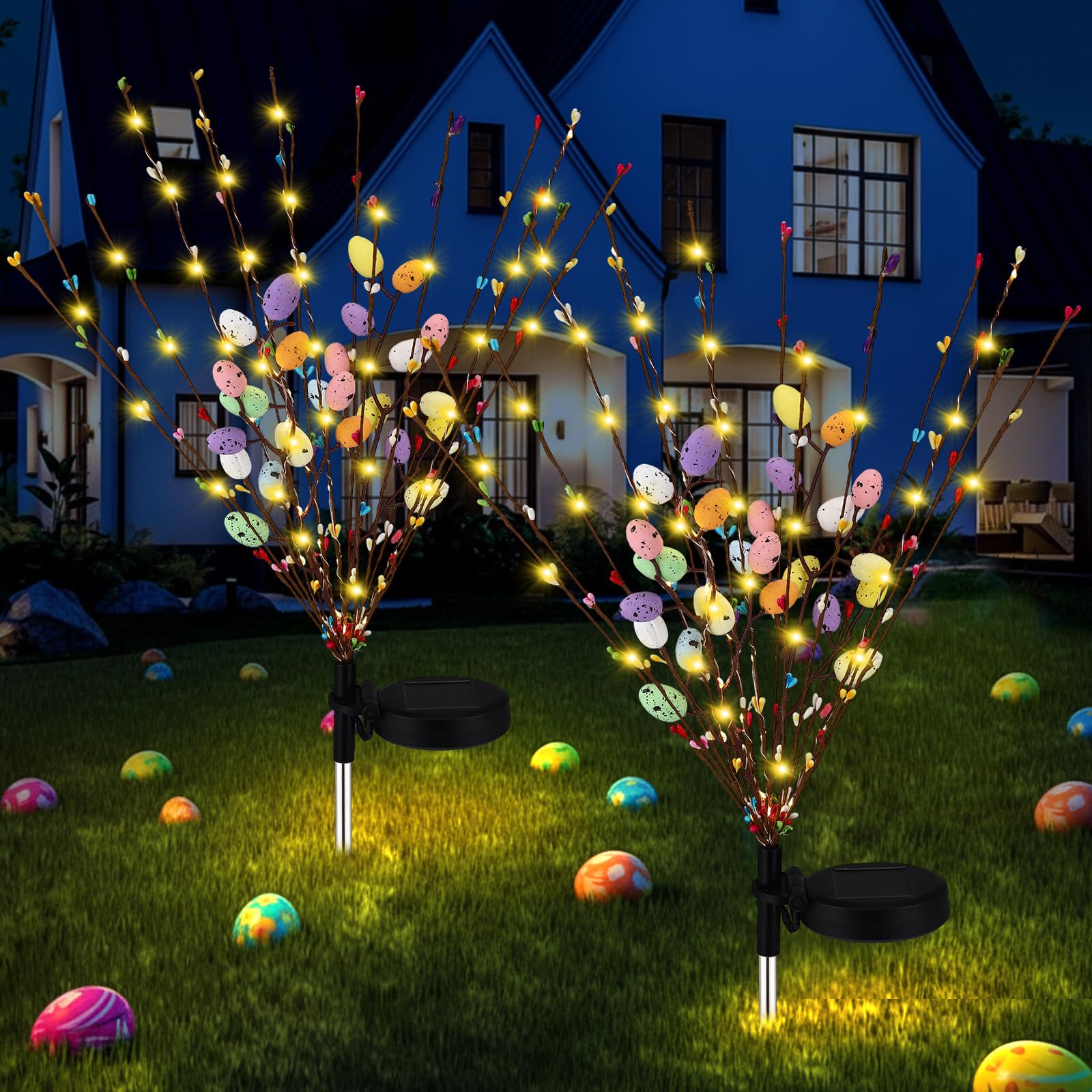Copkim 2 Pcs Solar Easter Egg Lights Waterproof Egg Stake Lights Decorative Garden Firefly Outdoor Easter Light for Lawn Trails 