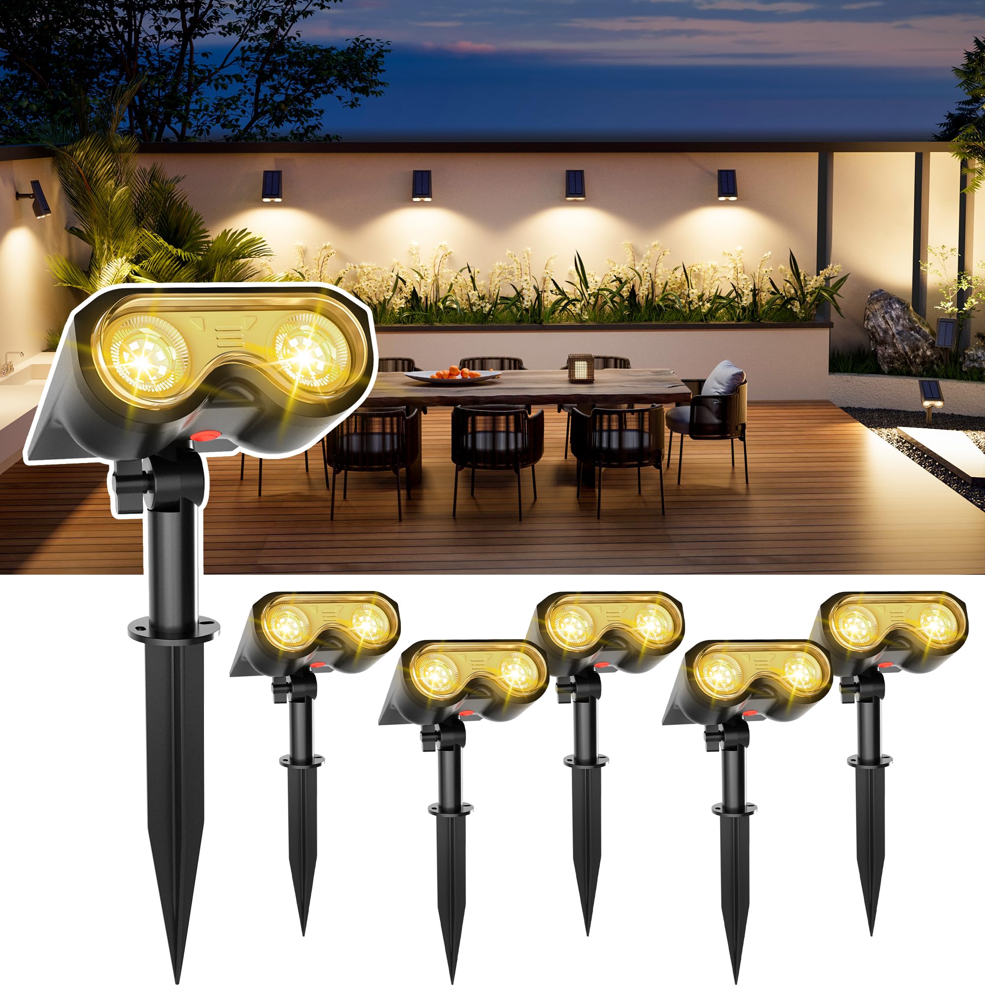 HMDecor Solar Spot Lights, 6 Pack, IP67 Waterproof, 3 Lighting Modes, Warm White, Model 9194