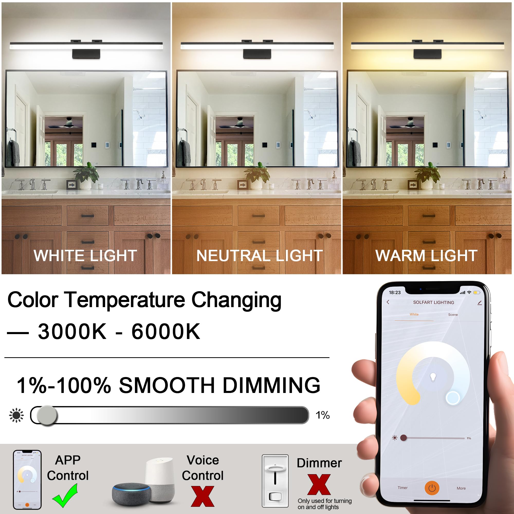 SOLFART LED Bathroom Vanity Light Fixture, Adjustable Color Temperature, Dimmable, 39.4 Inch, Black, Model 8778-1000mm-6000K-TY