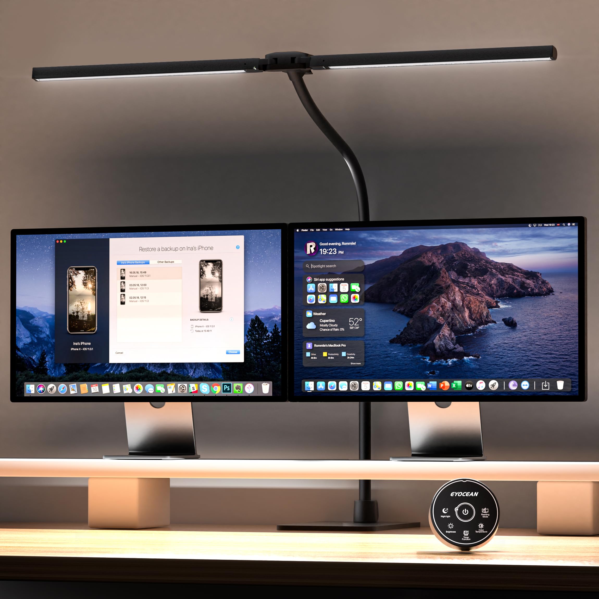 EYOCEAN LED Desk Lamp, 31.5in Dimmable Double Head Light, Remote Control, Mattblack, Model CLED-6601C