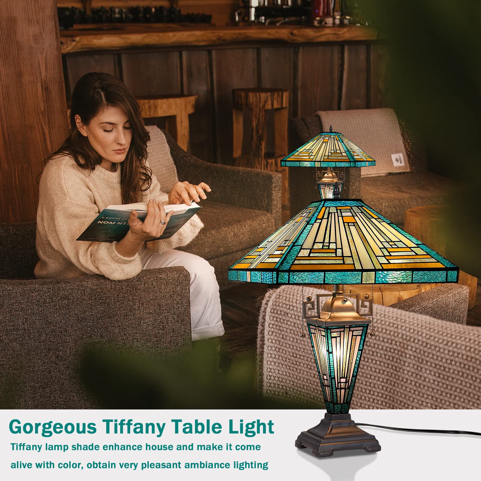 Capulina Large Tiffany Table Lamp 3-Light With Nightlight 16X16X25 Inches Mother-Daughter Vase Mission Green Amber Style Stained Glass Desk Light For Home Living Room Bedroom