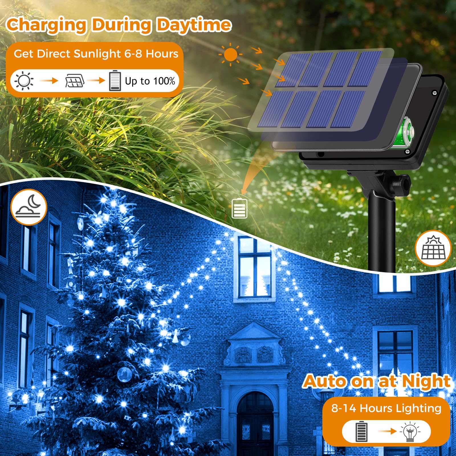 Btfarm 4 Pack Solar String Lights - 320LED 132FT Waterproof Copper Wire Fairy Lights - Blue, Model SL24