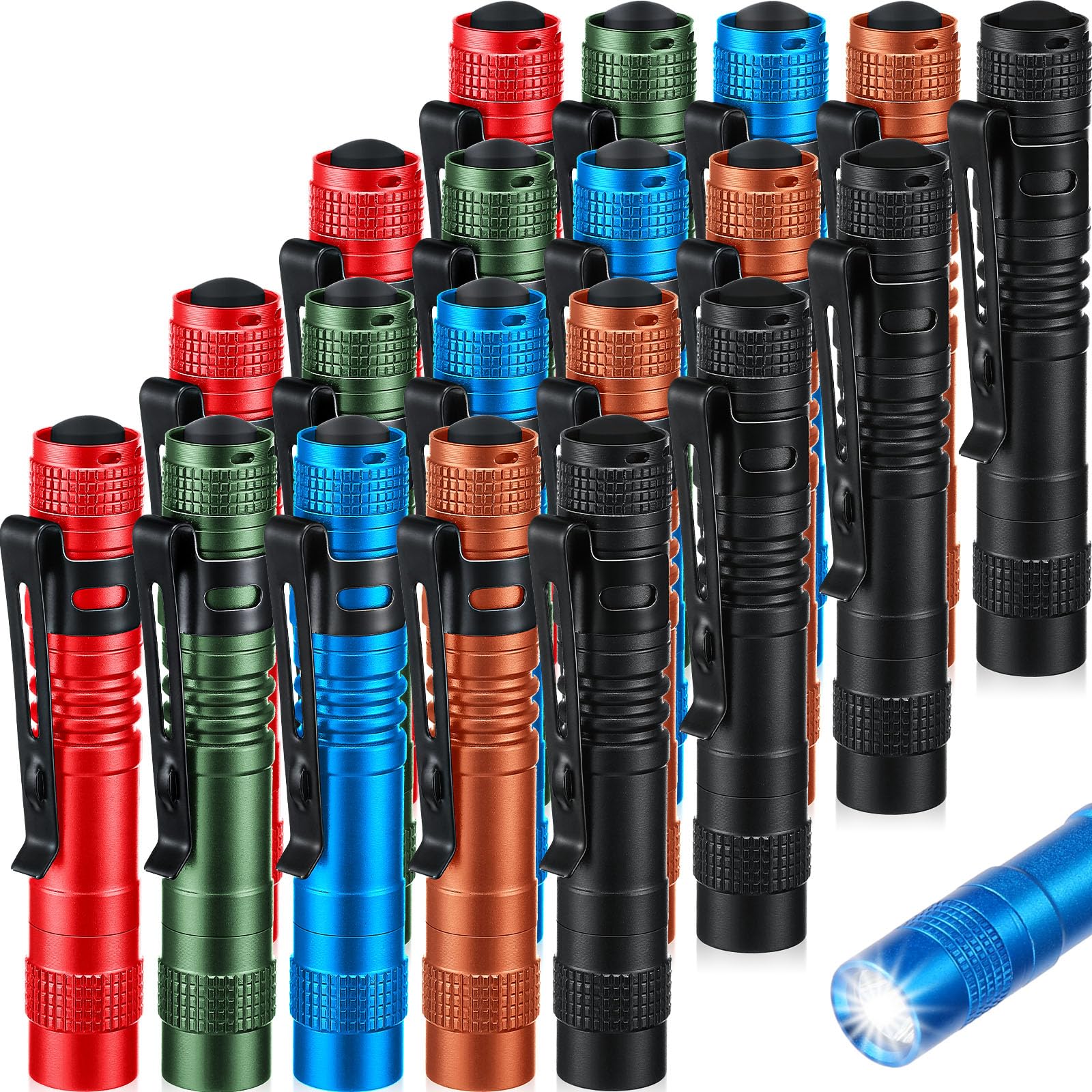 Hortsun Mini Pen Light Flashlights, 3.54 Inch, Aluminum, Set of 20, Colors: Black, Brown, Green, Red, Blue
