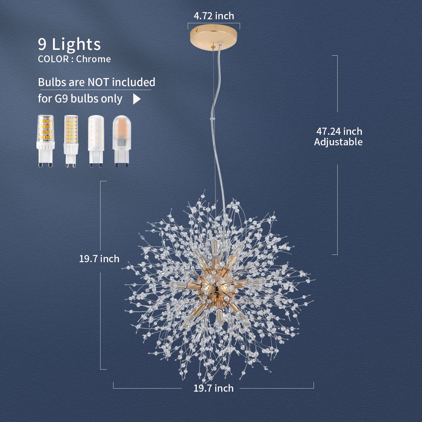 CM MZY 9-Light Gold Dandelion Sputnik Chandelier, Modern Crystal Pendant Light for Bedroom, Living Room, Dining Room, Kitchen Island