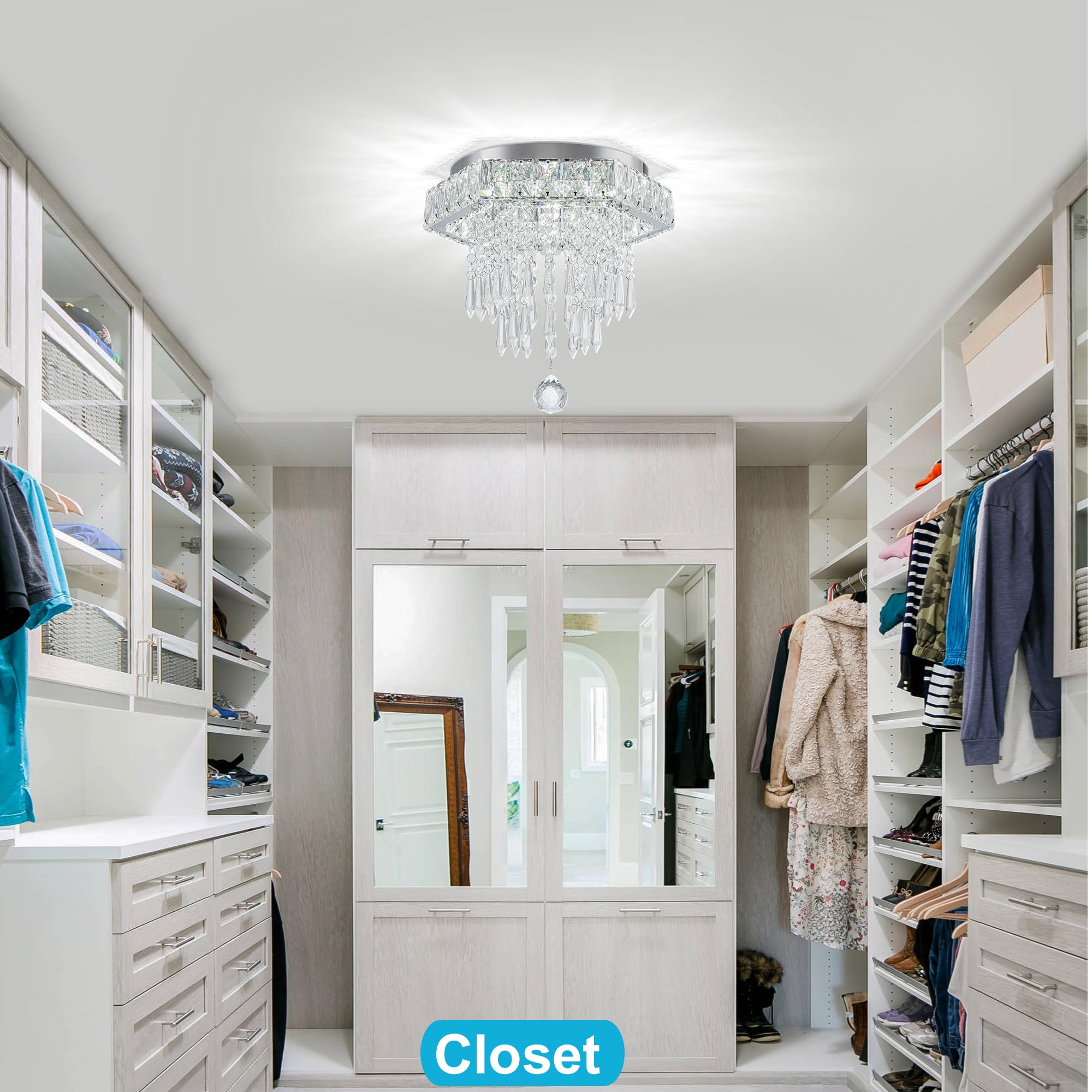 Cainjiazh Modern Crystal Chandelier, 11.8'' Hexagon, 6500K Cool White, Energy Efficient, Bedroom, Dining Room, Living Room