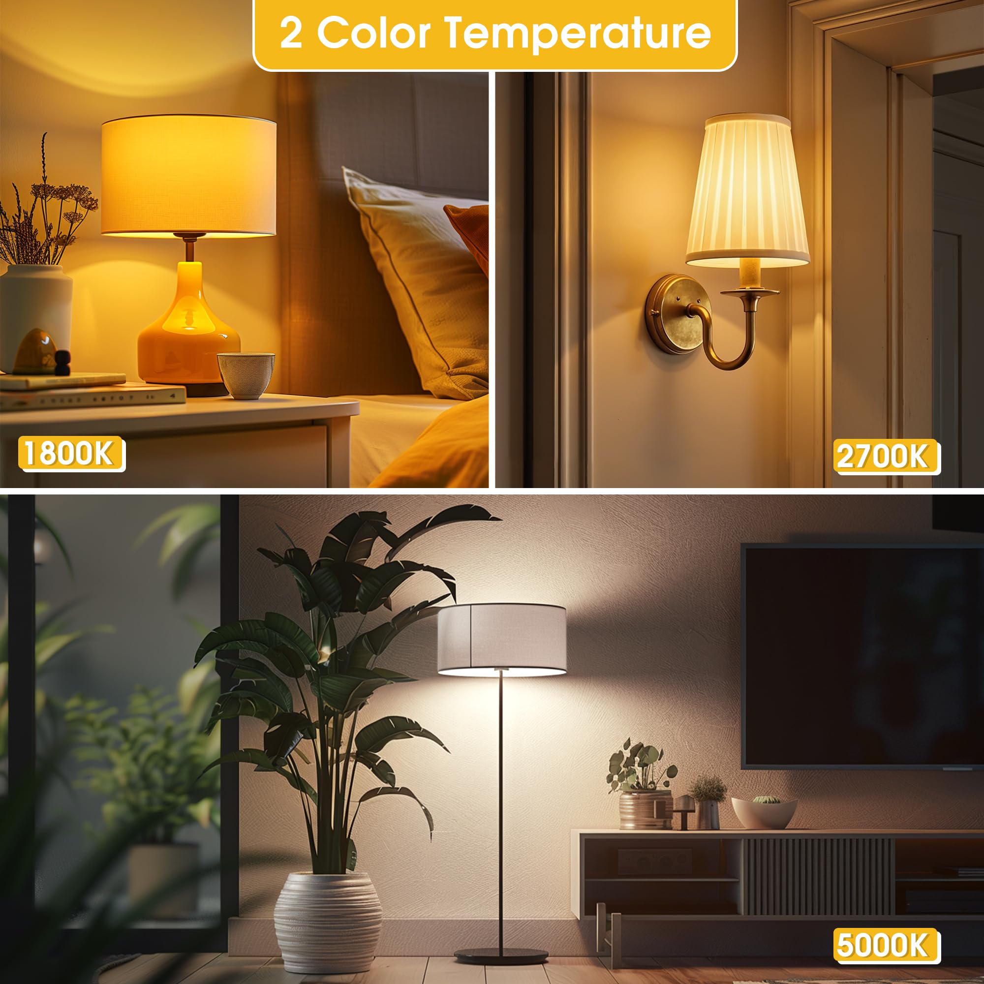 Led Light Bulbs, Warm Light Bulb 9W Equivalent 60W, A19 E26 Base - 3Cct Adjustable (1800K/2700K/5000K) For Lamps, Amber Night Li