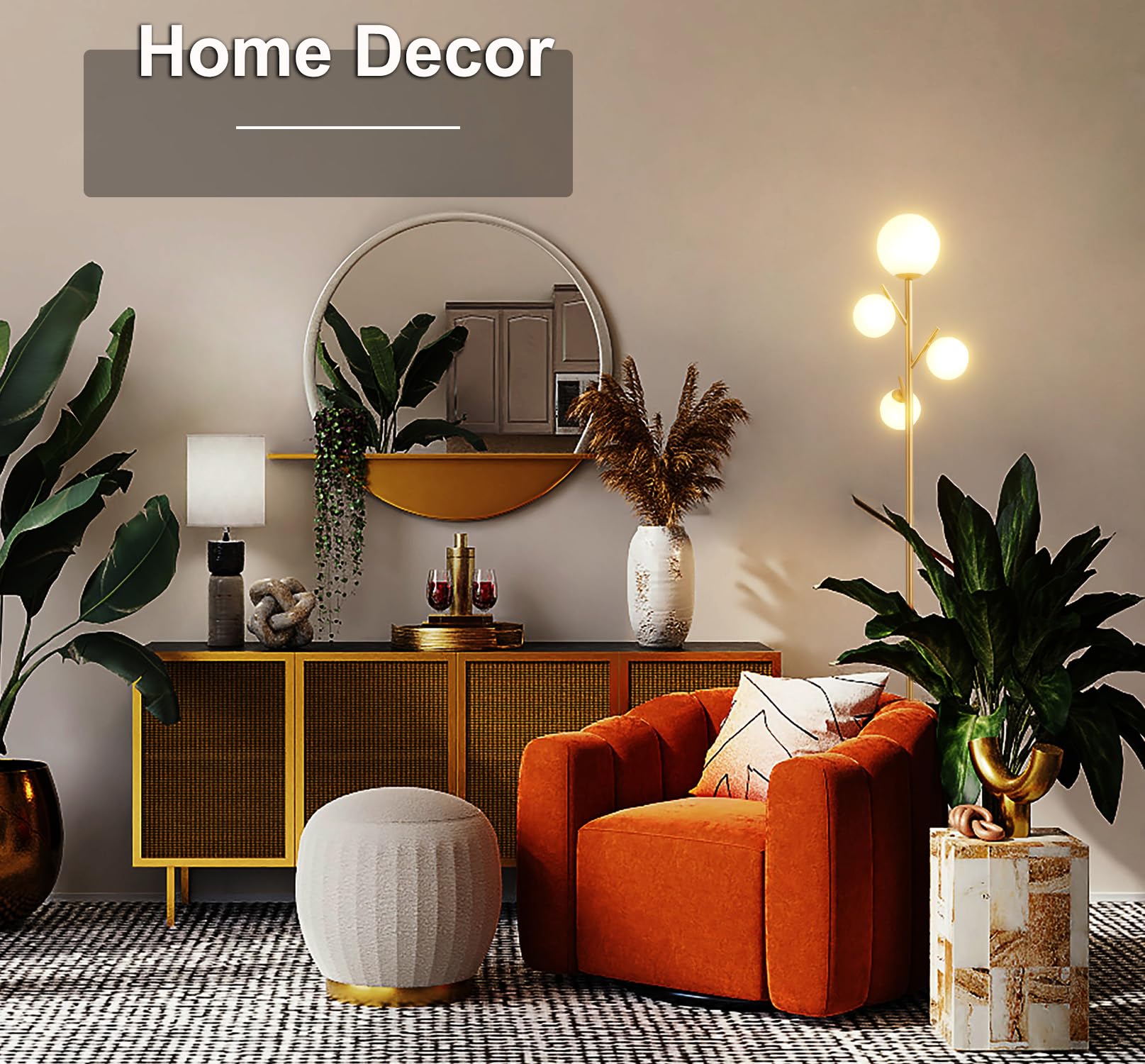 Fiqevs Modern 4 Globe Gold Floor Lamp With Frosted Glass, Mid Century Design, 3000K Led