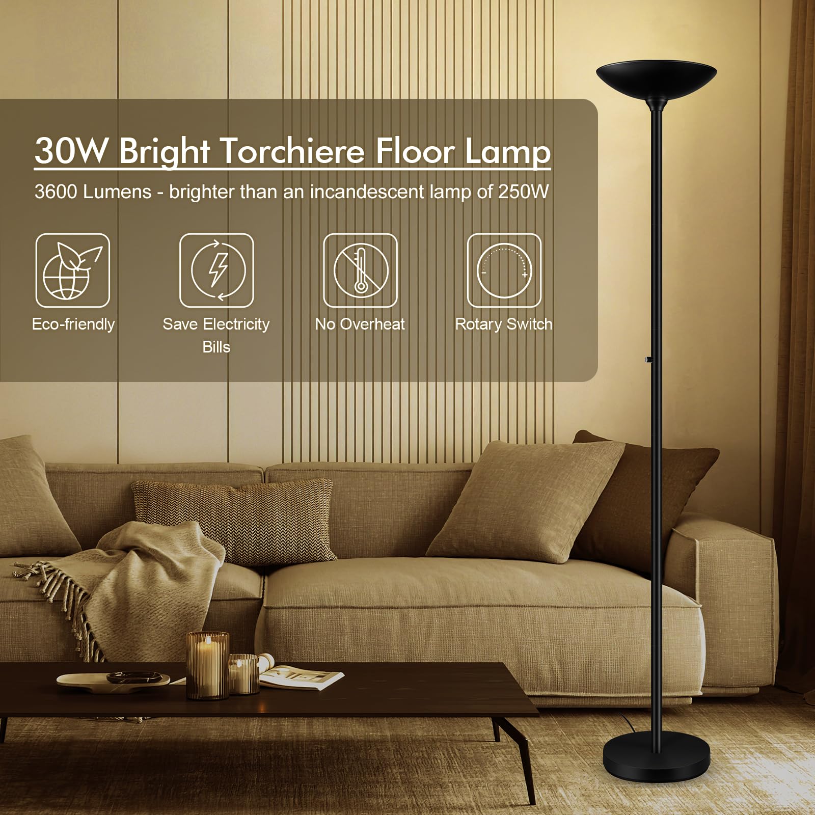 Auquee 30W Torchiere Floor Lamp - 3600Lm Dimmable Led, 71&quot; Black Metal Standing Light
