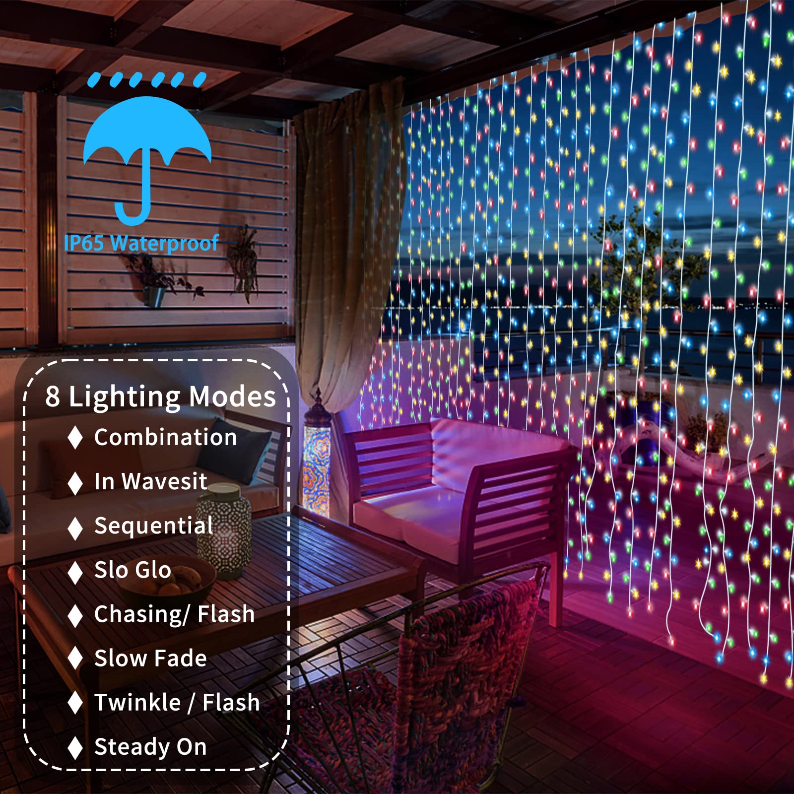LiyuanQ Solar Curtain Lights, 300 LED, 8 Modes, Waterproof, 2 Pack, Multicolor