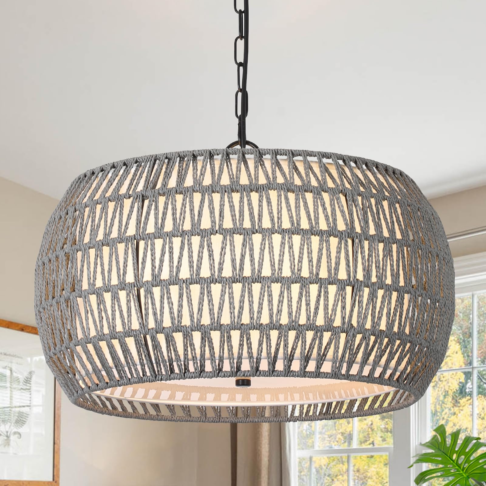 Farmhouse Chandelier Light Fixtures,5-Lights Rattan Dining Room Light Fixture,Woven Boho Chandeliers for Dining Room with Fabric