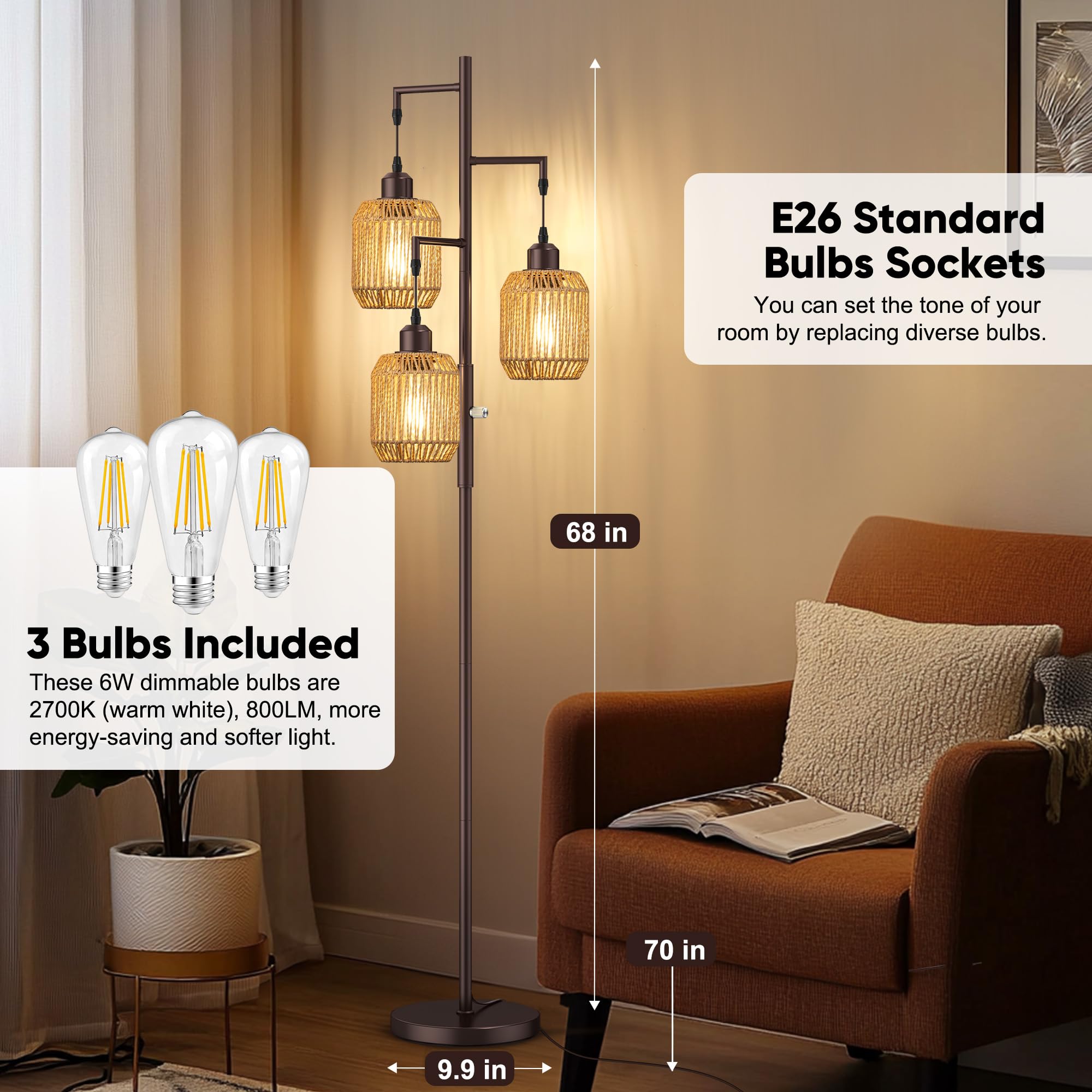ROTTOGOON Dimmable Boho Floor Lamp - 3 Light Rattan Design, 68" ORB with Brown Lampshades, Model ROFP125AZ